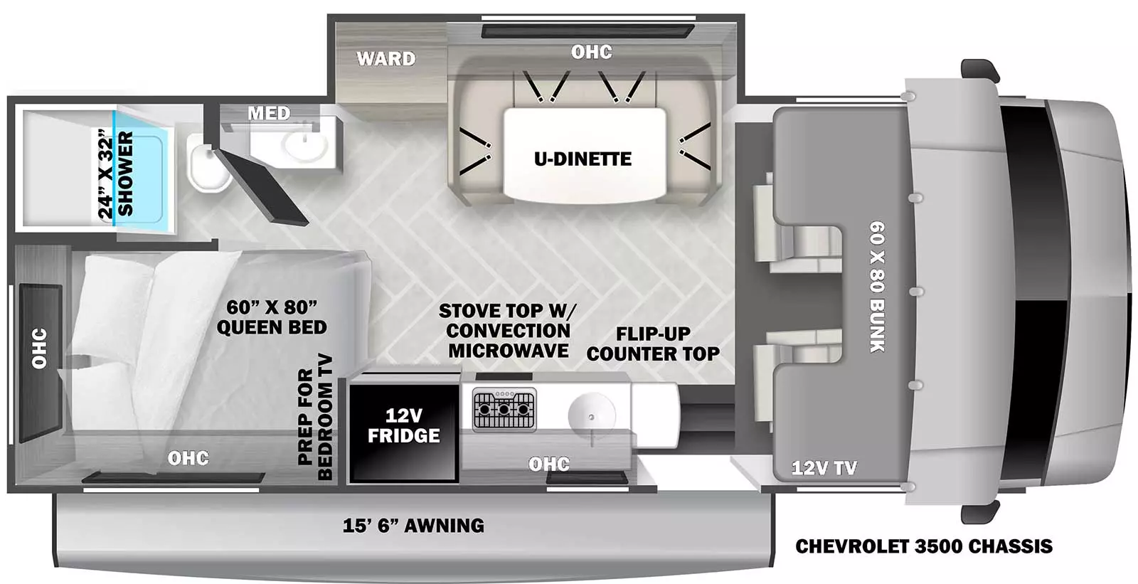 The 2151SLE has 1 slide out. Exterior featuers include a 15 ft. 6 in. awning and is built on the Chevrolet 3500 chassis. Interior layout from front to back incldues a front 60 x 80 cab over bunk with 12V TV; off-door side slide out with U-Dinette, wardrobe and overhead cabinet; door side kitchen with 12V refrigerator, stovetop with convection microwave, overhead cabinet, sink and flip-up countertop extension; rear corner bedroom with 60 x 80 Queen bed and prep for bedroom TV; rear corner bathroom with 24 x 32 shower, toilet, medicine cabinet and sink.