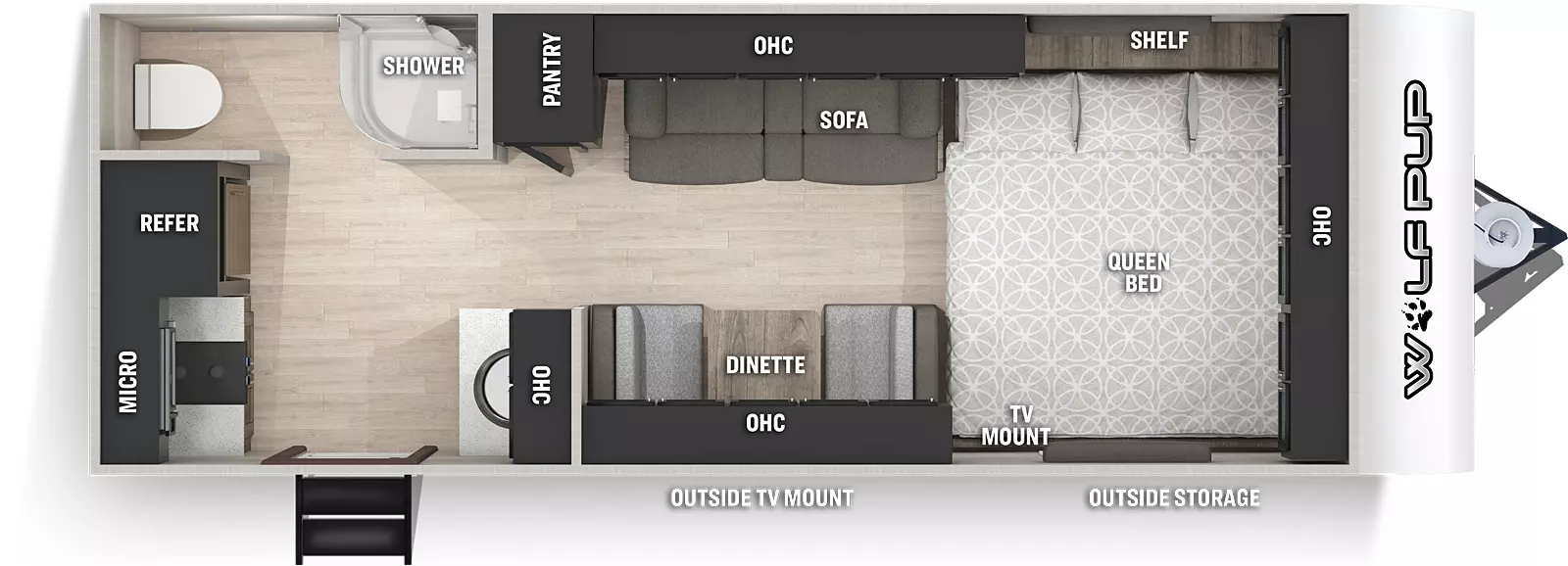 The 16HE has no slideouts and one entry door near the rear. Exterior door side features include an outside TV mount and outside storage. Interior layout from front to back: open concept with side facing queen bed in the front; pantry, sofa and overhead cabinet on the off-door side; dinette and overhead cabinet on the door side; kitchen countertop in the door side rear corner featuring an overhead microwave, refrigerator and cook top stove which is across from a single basin sink and overhead cabinet; bathroom with just a toilet and shower is in the off-door side rear corner.