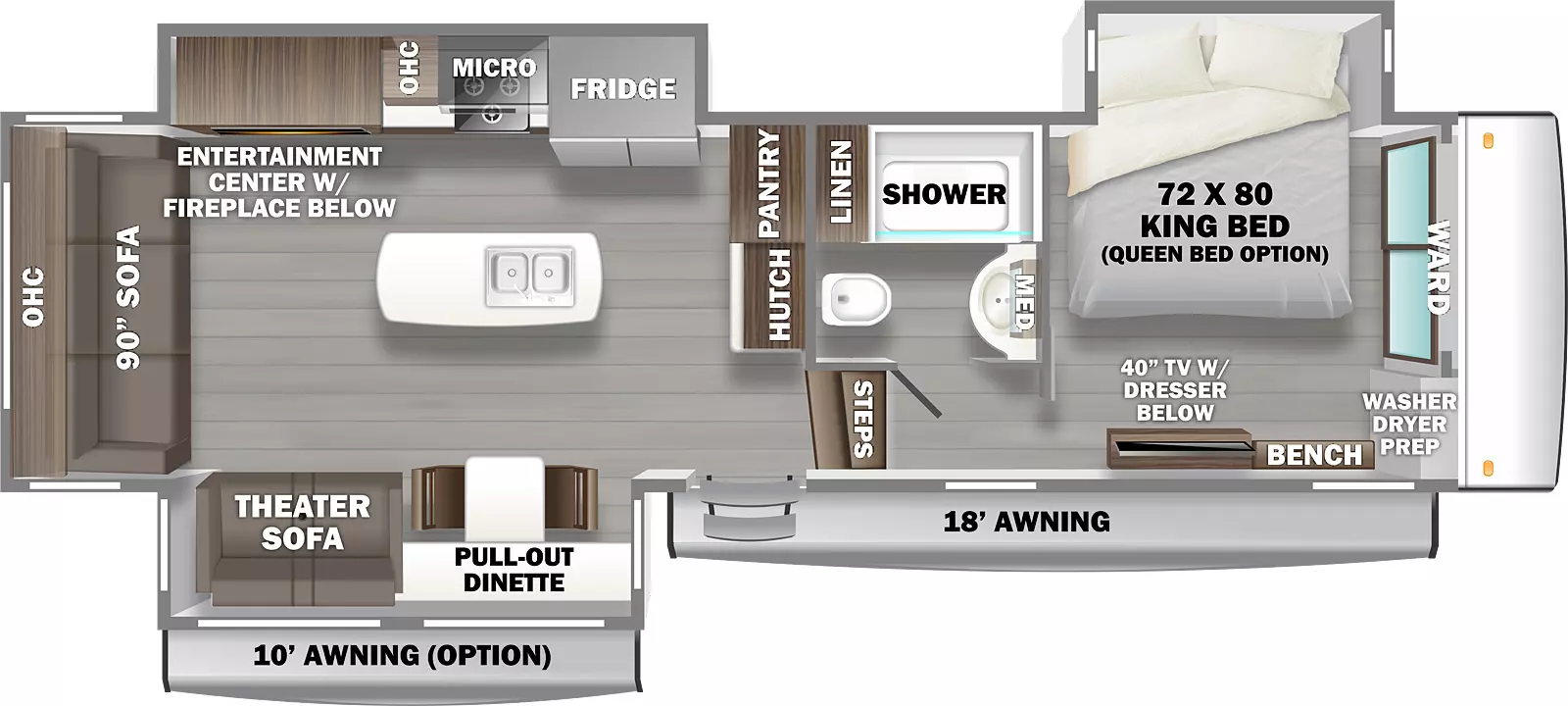 The Riverstone Reserve 3410PMK has one entry door, an 18 foot electric power awning, and three slideouts. The entry door leads to a living area on the left and a hallway on the right. The living area has a door side slideout directly to the left of the entry door. The slideout has a pull out dinette with two chairs and a sofa with theater style seating. The rear of the living area has a 90 inch sofa with overhead storage above it. The off door side of the living area has a slideout. The slideout has an entertainment center with an electric fireplace below, a kitchen counter with a stove, and a refrigerator. Overhead storage is above the counter and a microwave is above the stove. A kitchen island with a counter top and a sink is in the middle of the living area. The front of the living area has a pantry and a hutch. The steps to the right of the entry door lead to a hallway. The hallway has a door on the right leading to the bathroom and a sliding door straight ahead leading to the bedroom. The bathroom has a toilet, linen storage, shower, and a sink with a medicine cabinet above it. The bedroom has an off door side slideout with a 72 by 80 inch king bed. The front of the bedroom has a walk-in wardrobe. The door side of the bedroom has a bench and a 40 inch TV with a dresser below it.