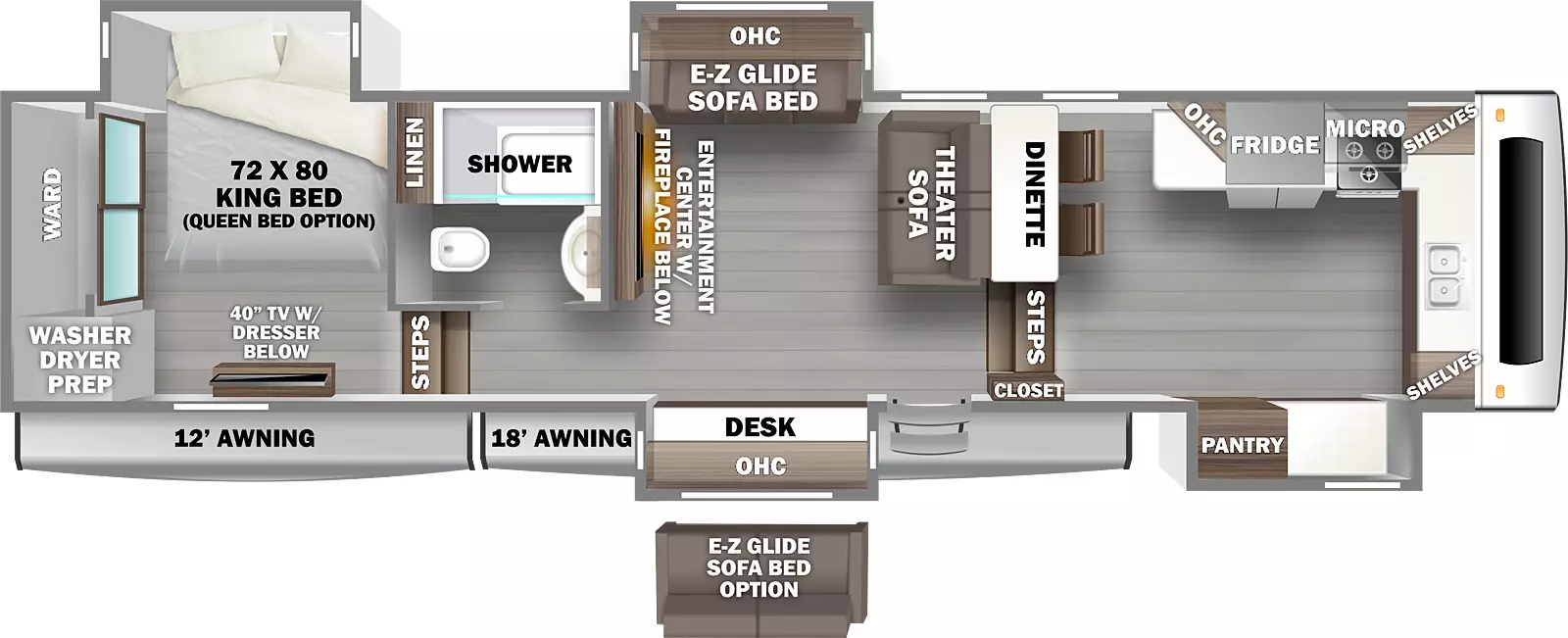 The Riverstone Reserve 3950FWK has one entry door, an 18 foot electric power awning, and four slideouts. The Entry door leads to a living area on the left and steps on the right leading to a kitchen area. A door sideslideout is directly to the left of the entry door. The slideout has a desk with overhead storage above it. The rear door side corner of the living area has a hallway. The rear off door side corner has an entertainment center with a fireplace below it. The off door slideout has a sofa with overhead storage above. The sofa can be converted into a bed. The front of the living area has a sofa with theater style seating. Steps to the right of the entry door lead to a kitchen area. A dinette with two chairs is to the left of the steps. The off door side of the kitchen area has a countertop with overhead storage above. It alsohas a refrigerator and a stove. A microwave is above the stove. The front of the kitchen area has a countertop with shelves on the right and left and a sink in the middle. The door side slideout has a countertop and a pantry. Back in the living area, the hallway in the rear door side corner has a door leading to the bathroom and steps leading to the bedroom. The bathroom has a toilet, linen storage, shower, anda sink with a medicine cabinet above it. The door side of the bedroom has a 40 inch TV with a dresser below. The rear of the bedroom has a walk-in wardrobe, the off door side of the bedroom has a slideout with a 72 by 80 inch king bed.