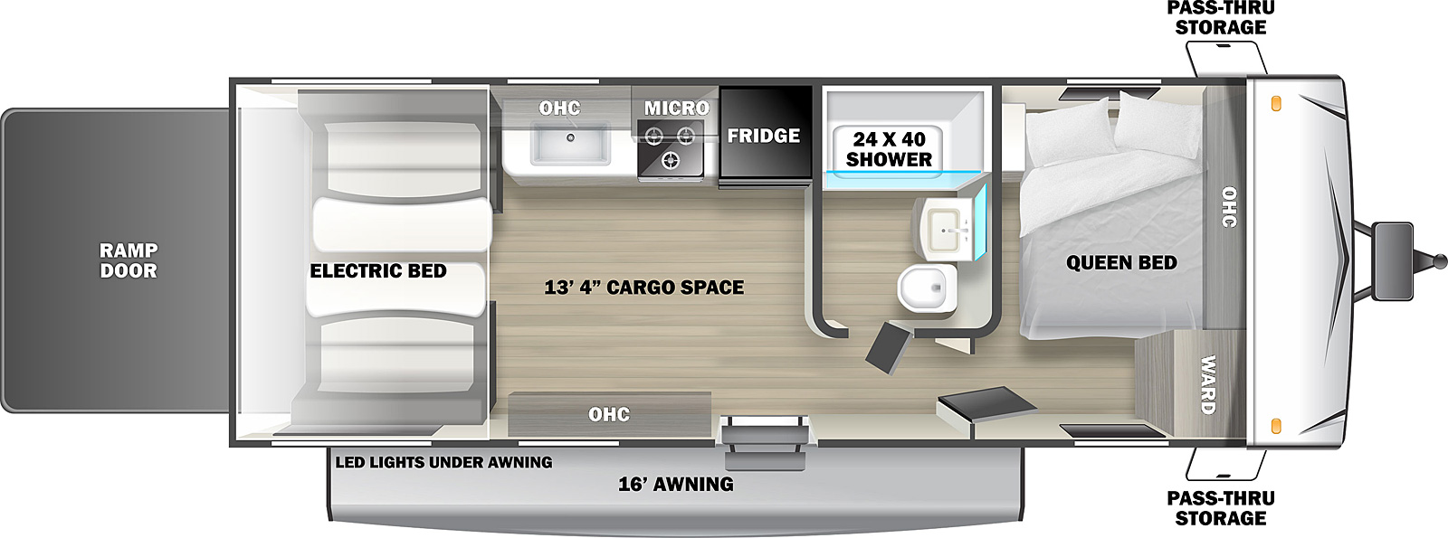 The Stealth FQ2113 is a toy hauler trailer with one entry door, a rear ramp door, front pass-through storage, and awning on the exterior. Inside layout front to back: front bedroom with side facing queen bed, cabinets mounted above, a night stand next at the head of the bed, and a wardrobe cabinet at the foot of the bed; off-door side aisle bathroom with shower, sink, and commode; off-door side kitchen includes a refrigerator, stovetop with oven, and sink, with cabinets and a microwave oven mounted overhead; door side overhead cabinets and entry; rear flip sofa with half dinette table and a pair of upholstered chairs with a small table in between with an electric bed above.