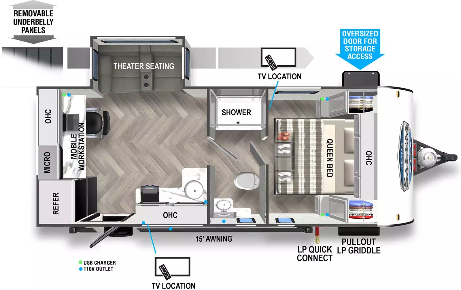 The Salem FSX 163RDSK floorplan features a single slide with theater seating, front bedroom, pass through bath, and kitchen in the rear with a mobile workstation along the back wall. The exterior includes a pullout LP griddle, LP quick connect, and removable underbelly panels.