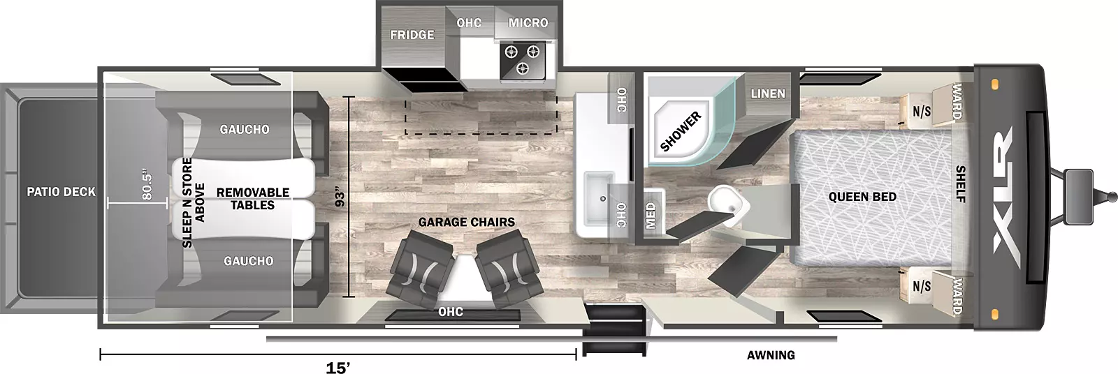 The 2815 Toy Hauler Travel Trailer features one off-door side slideout and one entry in the middle of the RV. Interior layout from front to back: queen bed with wardrobes and night stands on either side, and shelf above; off-door side pass-through bathroom; hallway to main living area and entry steps; overhead cabinets and sink along interior wall; off-door side slideout with overhead cabinets, stove, microwave and refrigerator; door side garage chairs with overhead cabinets; rear gaucho couches with removeable tables, sleep n store above, and rear ramp patio deck