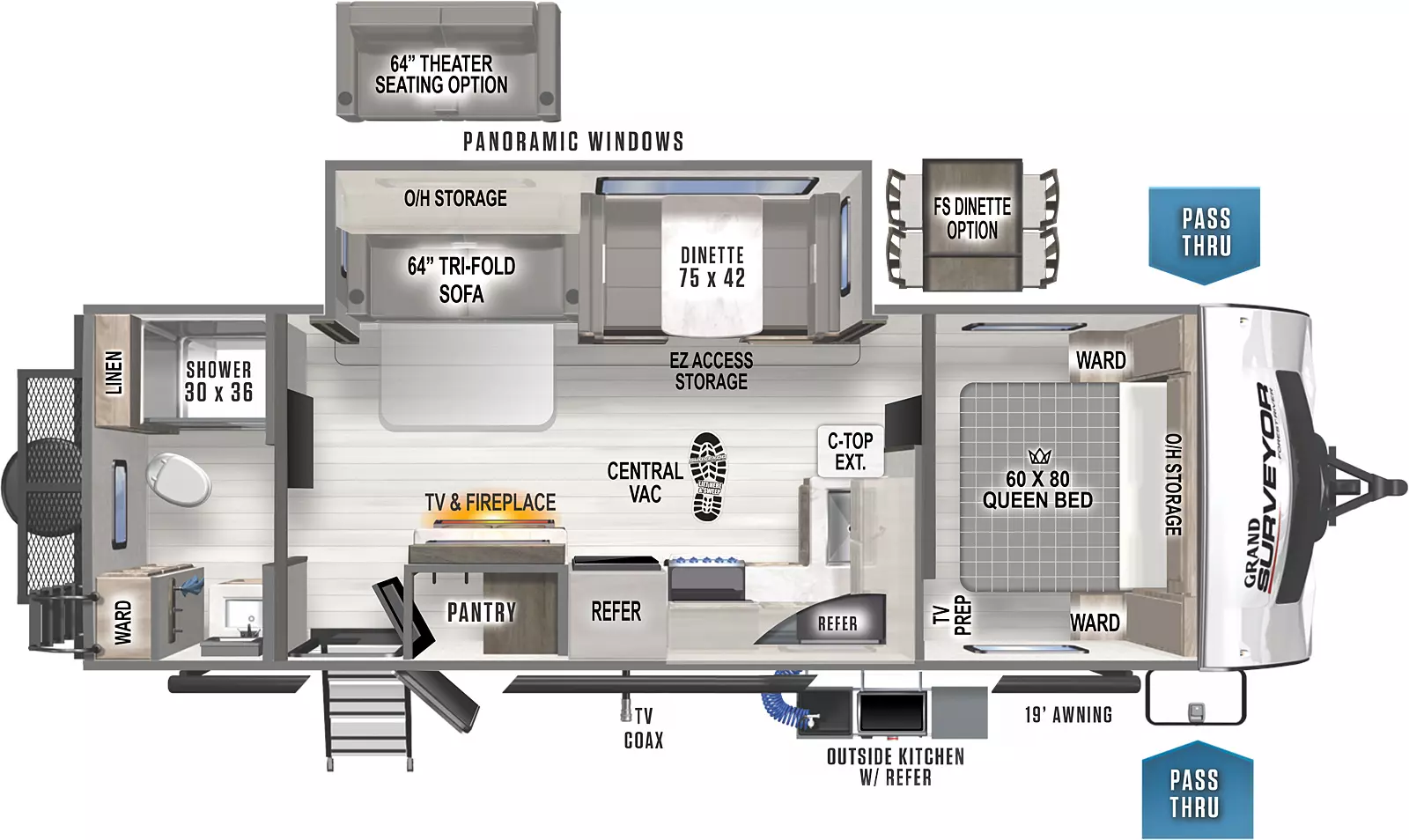 The Grand Surveyor 267RBSS has one entry door, an outside kitchen, front pass-thru storage, and 19 foot awning. It has one slideout. Interior from front to back: front bedroom with queen bed with wardrobes on either side, overhead storage, and TV prep at foot of bed; off-door side slideout with booth dinette (optional free-standing dinette) with panoramic windows, and tri-fold sofa (optional theater seating) with overhead storage; door side kitchen with sink, overhead cabinets, stove, oven, microwave, countertop extension, and refrigerator; TV with fireplace below with hidden pantry closet behind it next to entry door; rear bathroom with shower, linen closet, wardrobe, sink, medicine cabinet and commode; This floorplan also features a central vacuum system.