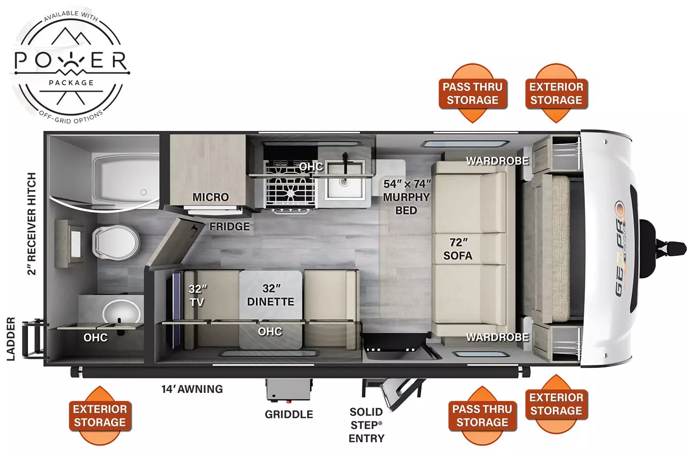 The G19FD has no slide outs and one entry door on the door side. Exterior features include exterior storage, pass thru storage, and a door side 13 foot awning. Interior layout from front to back: front 54 by 74 inch murphy bed / 72 inch sofa with overhead cabinet and side wardrobes; off-door side sink, stovetop, overhead cabinets, microwave, and refrigerator; door side 32 inch dinette with TV and overhead cabinets; and full bathroom in the rear with shower, sink toilet and linen cabinet.