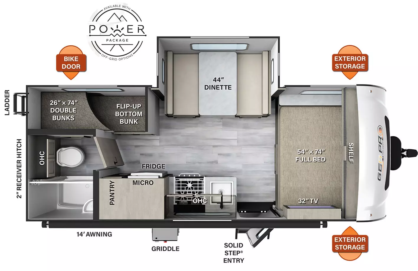 The G20BHS has one slide out on the off-door side and one entry door on the door side. Exterior features include exterior storage, a off-door side bike door, a rear ladder, and a 14 foot awning. Interior layout from front to back: front side facing 54 x 74 inch full bed with overhead shelf and TV; off-door side slide out with 44 inch dinette; door side sink, stovetop, microwave, refrigerator, overhead cabinet, and pantry; door side rear corner bathroom with toilet, shower and overhead cabinet; 26 x 72 inch bunk beds in off-door side rear corner with fold-up bottom bunk. Available with Power Package Off-Grid Options