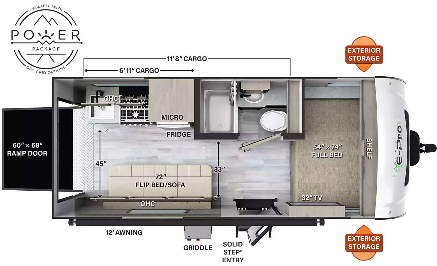 The E19FBTH has no slide outs and 1 solid step entry door and a 60 by 68 inch ramp door. Exterior features include exterior storage and a 12 foot awning. Interior features include a 54 by 74 inch full bed, 72 inch flip-up seat, a microwave and refrigerator, bathroom, overhead cabinets, and a 32" TV.