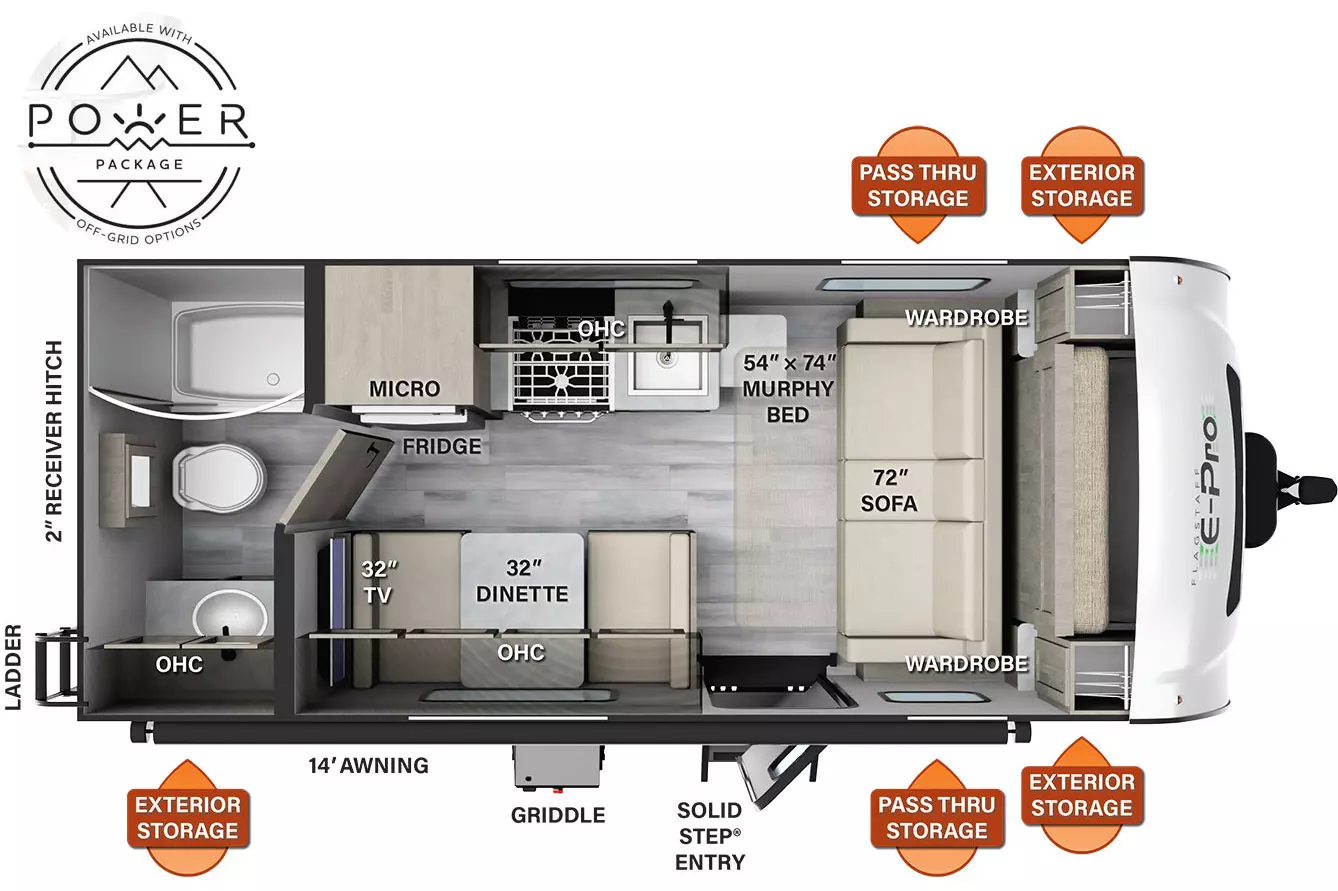 The E19FD has no slide outs and 1 entry door. Exterior features include exterior storage, pass thru storage, and a  door side13 foot awning. Interior layout from front to back: front bedroom with murphy bed/sofa; off-door side kitchen countertop with microwave, refrigerator, overhead cabinet, cooktop stove and single basin sink; door side dinette with TV;  and full bathroom in the rear.