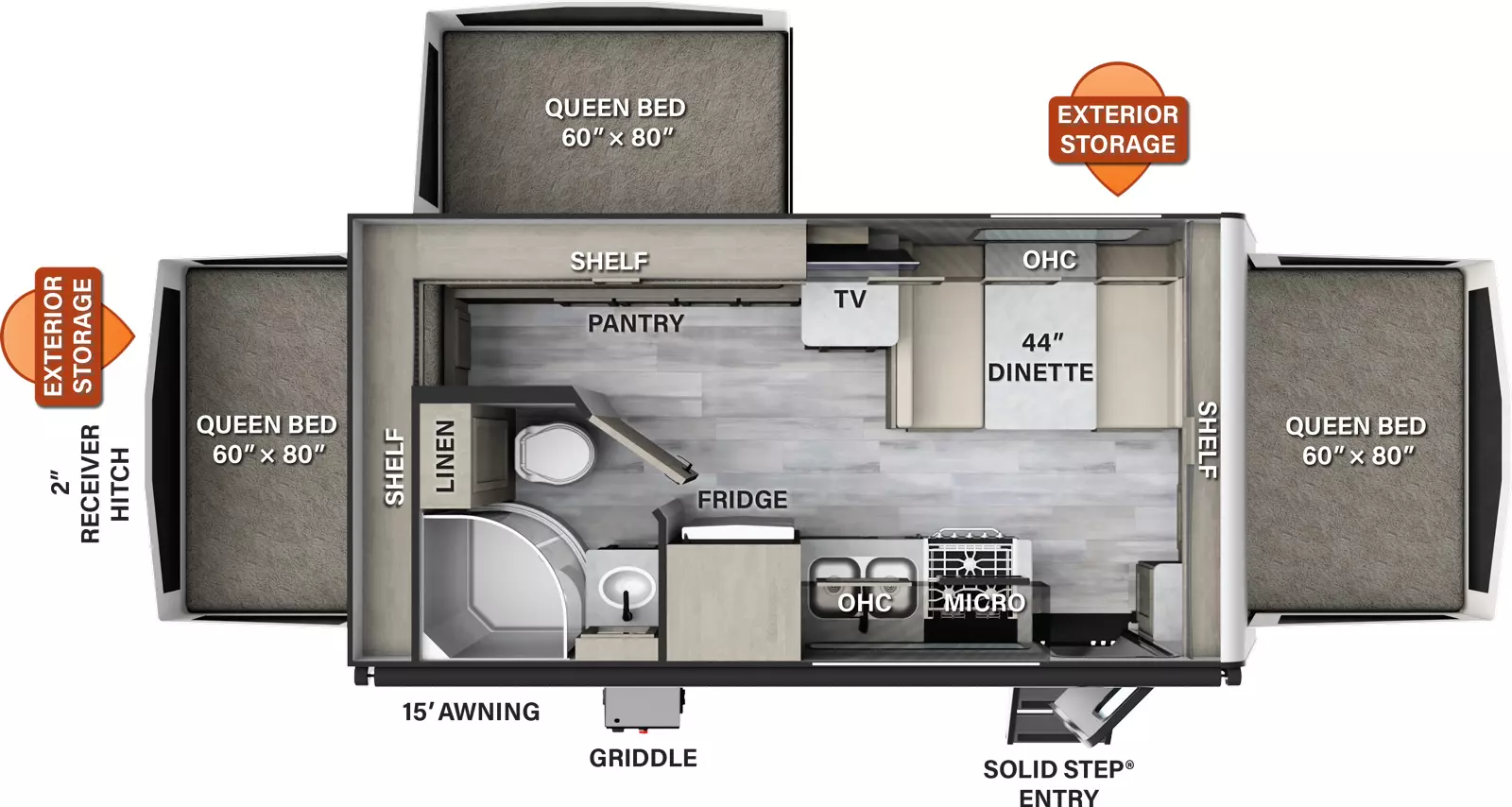 The 183 has no slide outs and one entry door. Exterior features include a 15 foot awning, 2 inch receiver hitch, griddle, and exterior storage on off-door side and rear. Interior layout from front to back: queen tent bed with shelf above; off-door side dinette, overhead cabinet, countertop with TV above, queen bed tent with pantry below and shelf above; door side entry, microwave, overhead cabinet, cooktop, sink, refrigerator and side aisle bathroom; rear queen tent bed with shelf above.