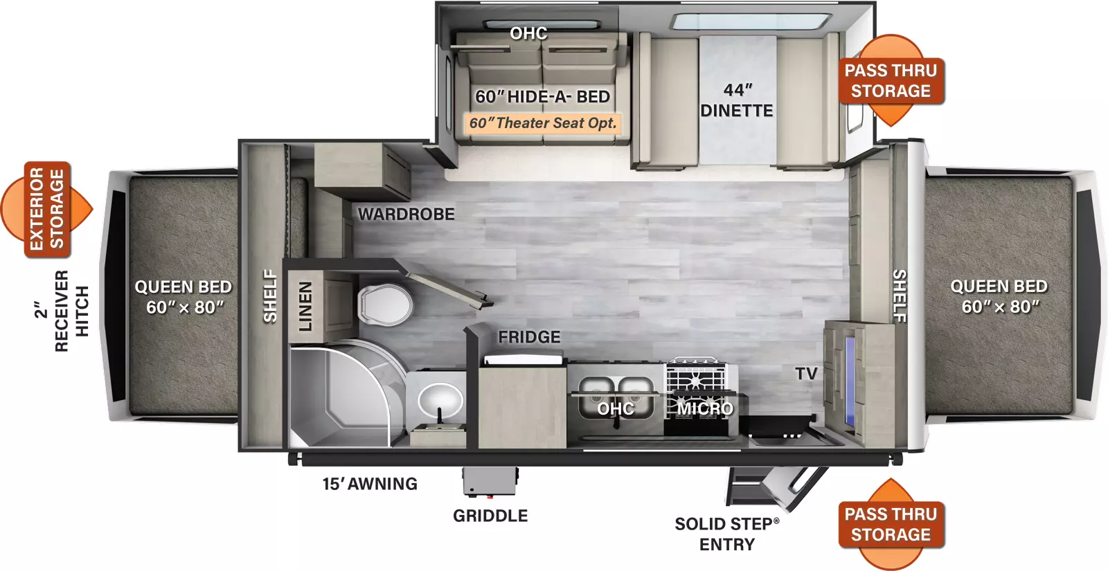 The 21SS has one slide out and one entry door. Exterior features include a 15 foot awning, griddle, front pass thru storage, rear exterior storage and 2 inch receiver hitch. Interior layout from front to back: front queen tent bed with shelf above; off-door side slideout with dinette, hide-a-bed (theater seat optional), and overhead cabinets, and wardrobe; door side TV, entry, microwave, cooktop, sink, overhead cabinet, refrigerator, and side aisle bathroom; rear queen tent bed with shelf above.