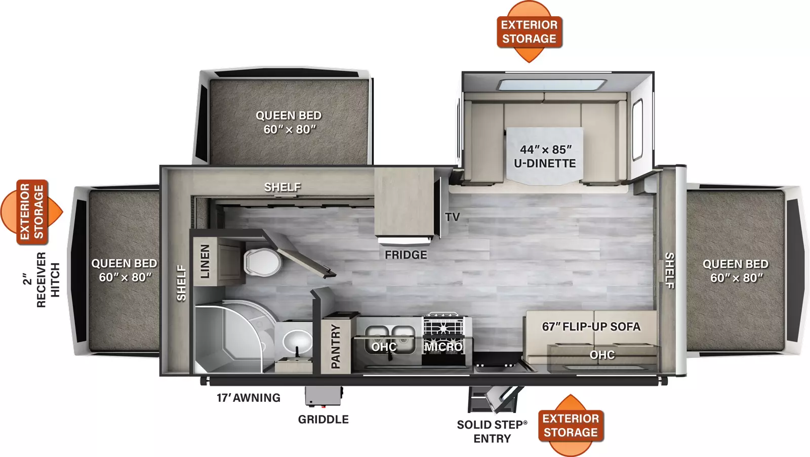 The 233S has one slide out and one entry door. Exterior features include a 17 foot awning, griddle, exterior storage on both sides and rear, and 2 inch receiver hitch. Interior layout from front to back: front queen tent bed with shelf above; off-door side u-dinette slideout, TV, refrigerator, and queen bed tent with shelf above; door side flip-up sofa, overhead cabinet, entry, microwave, cooktop, sink, overhead cabinet, pantry and side aisle bathroom; rear queen tent bed with shelf above.