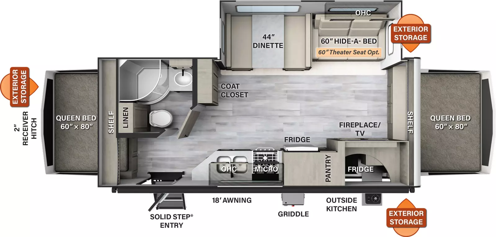 The 235S has one slide out and one entry door. Exterior features include an 18 foot awning, outside kitchen, griddle, exterior storage on both sides and rear, and 2 inch receiver hitch. Interior layout from front to back: front queen tent bed with shelf; off-door side slideout with hide-a-bed (theater seating optional), overhead cabinet and dinette, coat closet, and side aisle bathroom; door side TV with fireplace below, pantry, refrigerator, cooktop, microwave, sink, overhead cabinet, and entry; rear queen tent bed with shelf above.