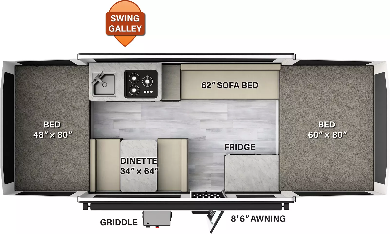 The 207SE has no slide outs and one entry door. Exterior features include a 8 foot 6 inch awning and a griddle. Interior layout from front to back: front tent bed; off-door side sofa bed, and swing galley with cooktop and sink; door side countertop with refrigerator, entry, and dinette; rear tent bed.
