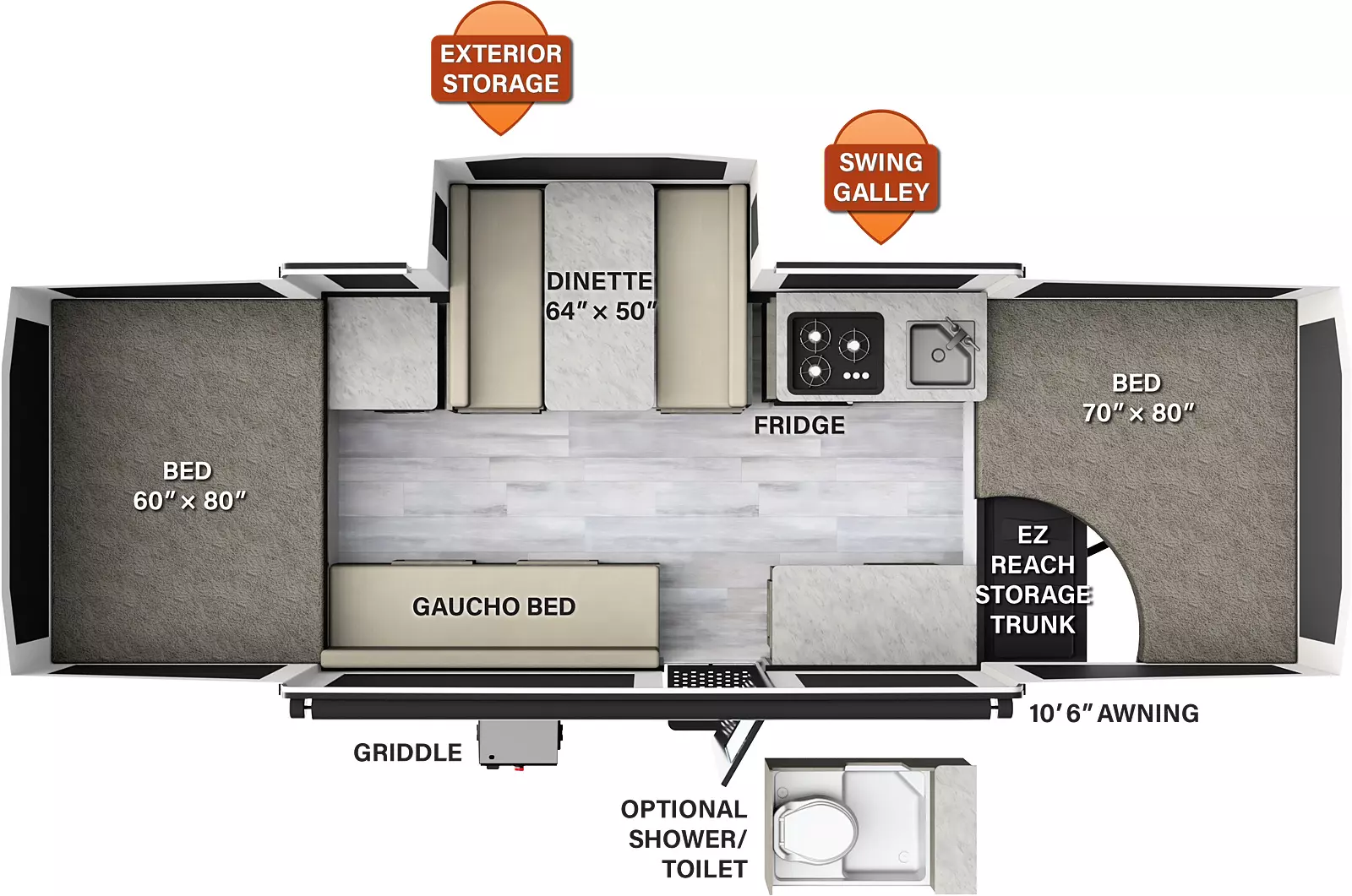 The 228SE has one slide out and one entry door. Exterior features include a 10 foot 6 inch awning, griddle, exterior storage, and front EZ reach storage trunk. Interior layout from front to back: front tent bed; off-door side swing galley with sink, refrigerator and cooktop, dinette slideout, and countertop; door side countertop, entry, and gaucho bed; rear tent bed. Optional shower/toilet available.