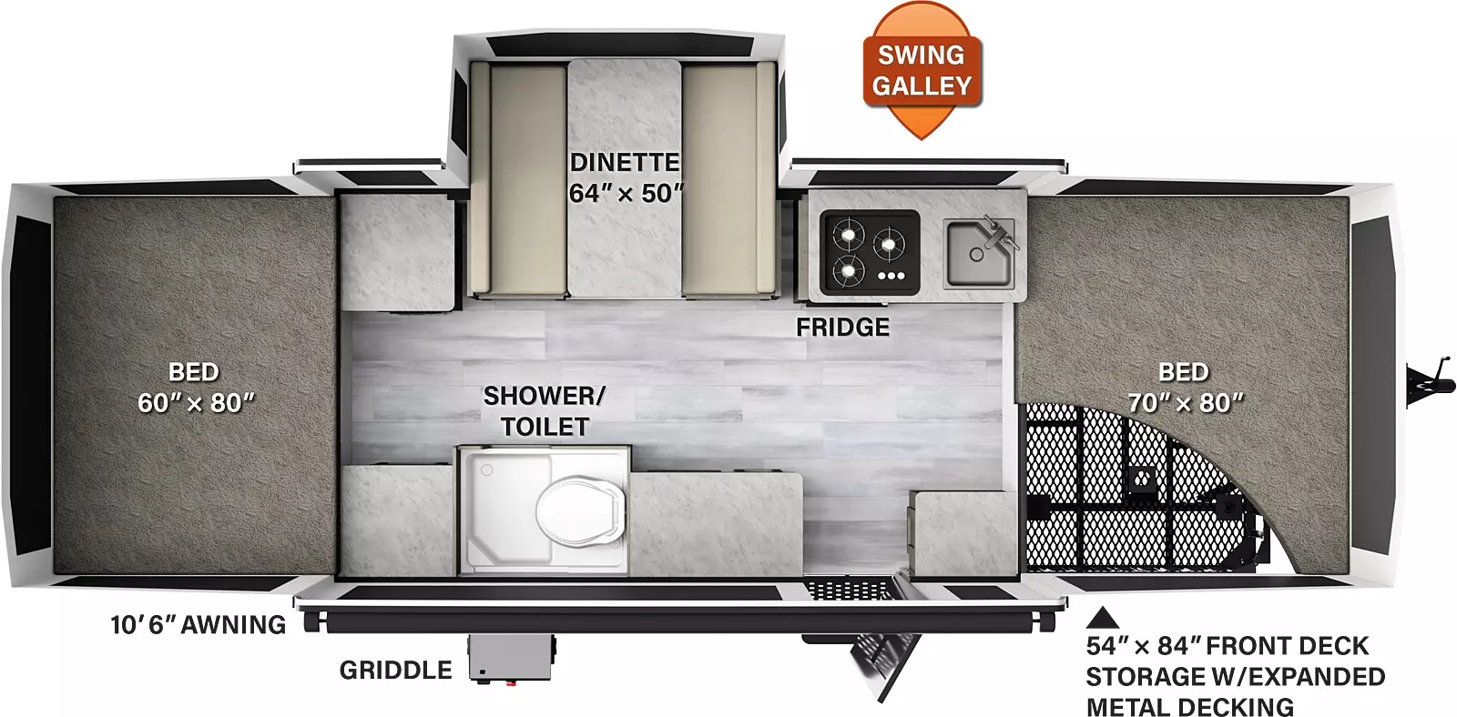 The 23SCSE has one slide out on the off-door side and one entry door. Exterior features include an 10 foot 6 inch awning, front deck storage with expanded metal decking, and a griddle. Interior layout from front to back: tent bed; off-door side swing galley with cooktop, sink and refrigerator, dinette slidout and countertop; door side countertop, entry door, additional countertop space, and shower/toilet; rear tent bed.