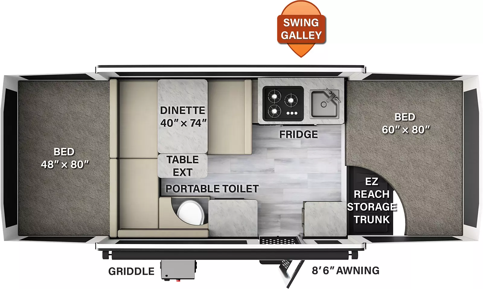 The 1910ESP has no slide outs and one entry door. Exterior features include a 8 foot 6 inch awning, front EZ reach storage trunk, and griddle. Interior layout from front to back: front tent bed; off-door side swing galley with cooktop and sink, and dinette with table extension; door side countertop, entry, portable toilet and more seating; rear tent bed