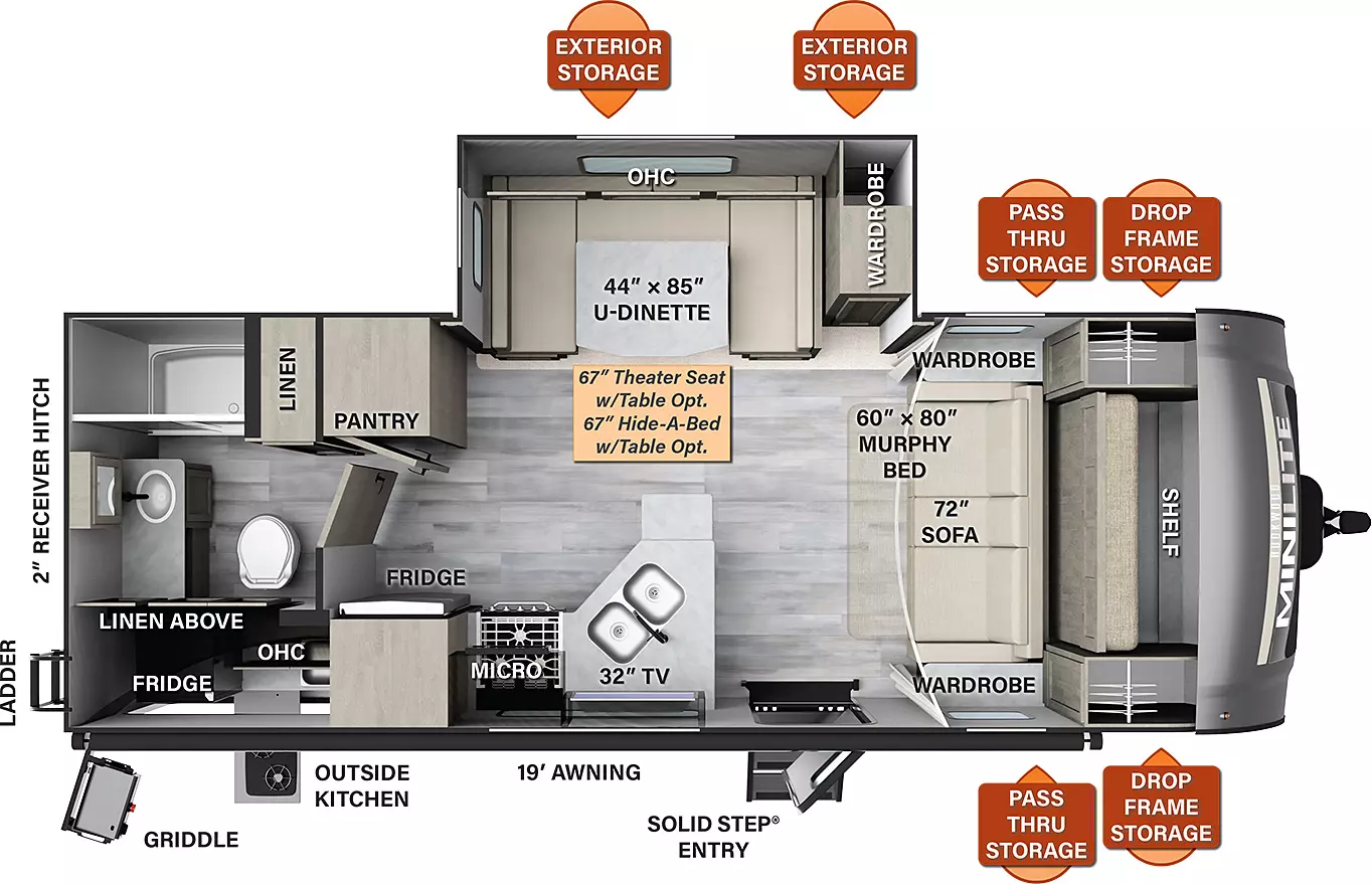 The 2507S has one slide out on the off-door side, along with one entry door. Exterior features include a 19 foot awning, pass thru storage, drop frame storage, and an outside kitchen. Interior layout from front to back: front bedroom with 60 x 80 inch murphy bed/72 inch sofa, overhead cabinets, and wardrobes; slide out containing 44 x 85 inch U-dinette; kitchen living area with 32 inch TV, double sinks, stove, microwave, and a community refrigerator; bathroom in the rear. 