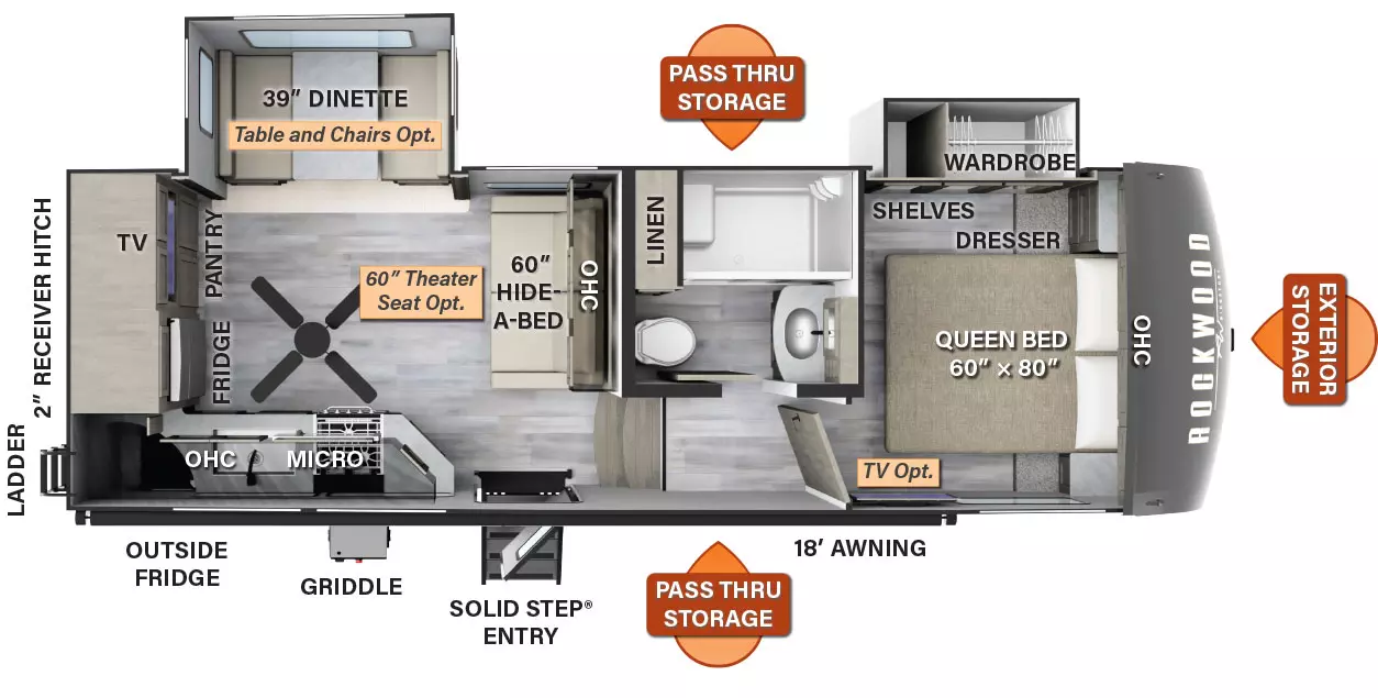 The 2445WS has two slide outs and one entry door. Exterior features include an 18 foot awning, exterior storage, griddle, refrigerator, rear ladder, 2 inch receiver hitch, and pass thru storage. Interior layout from front to back: front bedroom with a queen bed, overhead cabinets, dresser, and off-door side slide out containing shelves and a wardrobe (TV optional); side aisle bathroom; kitchen living area with paddle fan, hide a bed sofa (theater seating optional), overhead cabinets, microwave, stove, double sink; off-door side slide out containing dinette (table and chairs optional); entertainment center with pantry, refrigerator, and overhead cabinets in the rear.