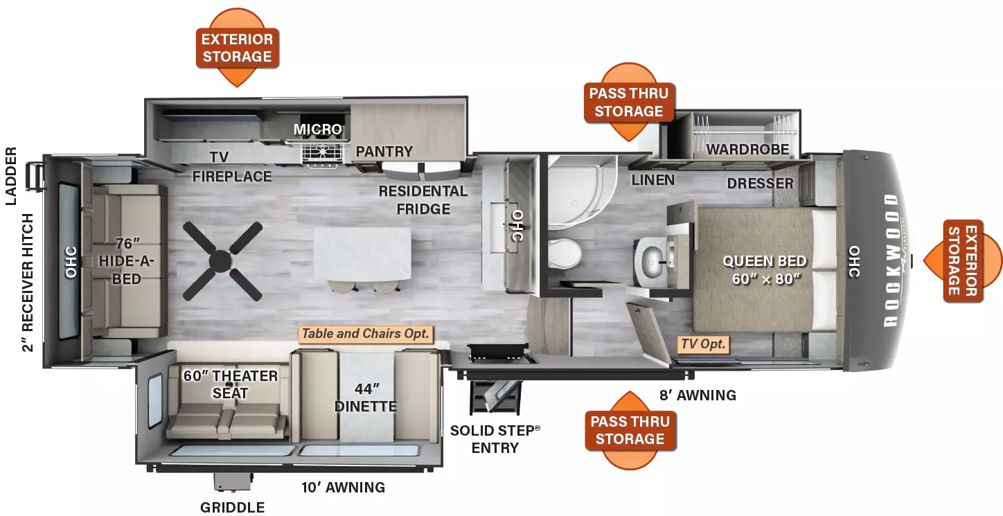 The 2883WS has three slide outs and one entry door. Exterior features include an 10 foot awning and an 8 foot awning, exterior storage, pass thru storage, griddle, rear ladder, and 2 inch receiver hitch. Interior layout from front to back: front bedroom with a queen bed, overhead cabinets, dresser, and off-door side slide out containing a wardrobe and linen closet (TV optional); side aisle pass thru bathroom; kitchen living area with double sink, overhead cabinets, and island with stools; off-door side slide out containing residential refrigerator, microwave, stove, pantry, and entertainment center with fireplace; door side slide out containing dinette (table and chairs optional) and theater seating; paddle fan, hide a bed sofa and overhead cabinets in the rear.