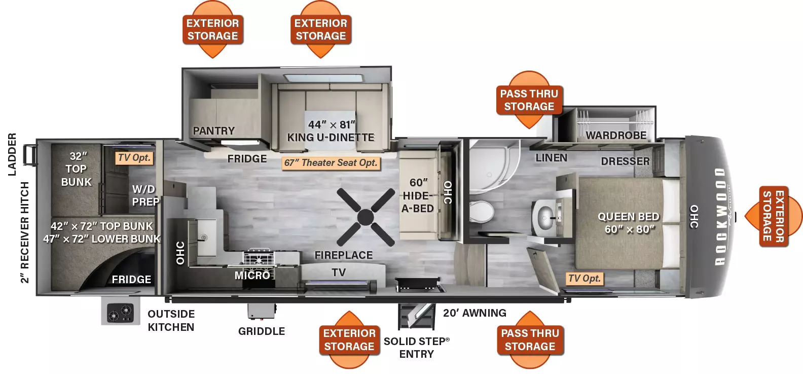 The 2891BH has two slide outs on the off door side and one entry door. Exterior features include a 20 foot awning, outside kitchen with mini refrigerator, griddle, exterior storage, pass-thru storage, rear ladder, and 2 inch receiver hitch. Interior features from front to back include a queen bed with overhead cabinet and dresser, and a slide out with wardrobe and linen closer on the off door side (optional TV); side aisle pass through bathroom; hide a bed sofa with overhead cabinet, paddle fan, and an off-door slideout with king U dinette (theater seating optional), pantry and refrigerator; door side entertainment center and fireplace, microwave, cooktop, sink and overhead cabinets; rear bunkhouse with three bunks and washer/dryer prep (TV optional).