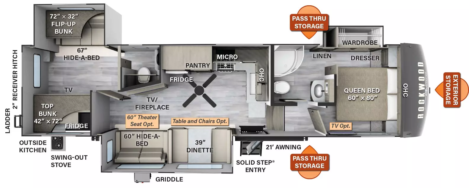 The 2892WS has three slide outs and one entry door. Exterior features include a 21 foot awning, outside kitchen with mini refrigerator and swing out stove, griddle, exterior storage, pass-thru storage, rear ladder, and 2 inch receiver hitch. Interior features from front to back include a queen bed with overhead cabinet and dresser, and a slide out with wardrobe and linen closet on the off door side (optional TV); side aisle pass through bathroom; off door side kitchen with sink, overhead cabinet, microwave, cooktop, pantry, paddle fan, and refrigerator; door side slideout with dinette (table and chairs optional) and hide-a-bed sofa (theater seating optional) across from an angled TV/fireplace; rear bunkhouse with off-door side half bathroom and slideout with hide a bed sofa below flip up bunk, and door side top bunk with TV cabinet below.