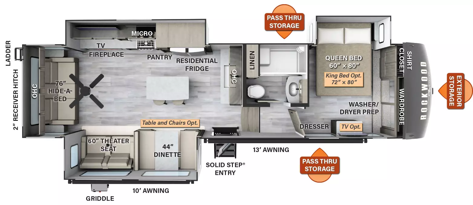 The 2893BS has three slide outs and one entry door. Exterior features include a 13 foot awning and 10 foot awning, exterior storage, griddle, rear ladder, 2 inch receiver hitch, and pass thru storage. Interior layout from front to back: front bedroom with an off-door side queen bed slide out, front wardrobe, shirt closet, washer/dryer prep, and dresser (optional TV and king bed available); side aisle bathroom; kitchen living area with overhead cabinets, sink, and countertop with chairs; off-door side slide out containing residential refrigerator, pantry, microwave, cooktop, overhead storage, TV and fireplace; door side slideout with dinette (table and chairs optional) and theater seating; hide a bed sofa, overhead cabinet and paddle fan in the rear. 