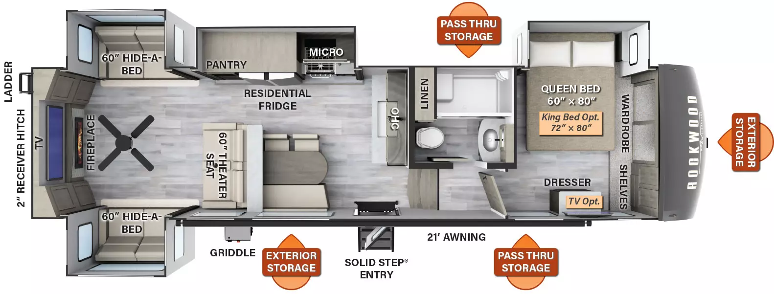 The 2898BS has four slides and one entry door. Three on the off door side and one on the door side. Exterior features include a 21 foot awning, pass through storage, exterior storage, griddle, rear ladder, and 2 inch receiver hitch. The interior layout from front to back: Queen bed off door side slideout, front wardrobe and shelves, and dresser (optional TV and king bed); side aisle full bathroom; kitchen with booth and barstools, sink with overhead cabinet, and off door side slideout with microwave, cooktop, residential refrigerator and pantry; rear living room with paddle fan, theater seating, opposing hide a bed sofa slideouts, and rear entertainment center with TV and fireplace. 