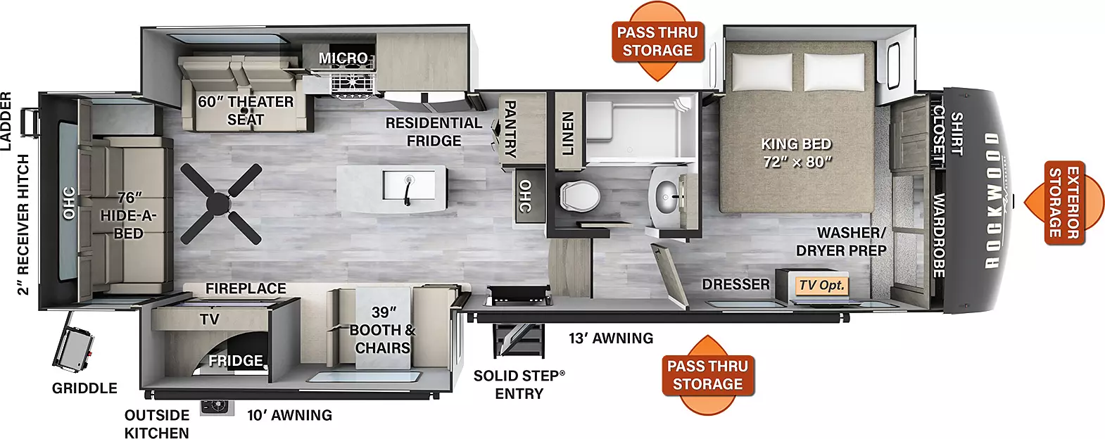 The 8288SB has three slide outs, two on the off-door side and one on the door side along with one entry door. Exterior features include a 10 foot awning and 13 foot awning, outside kitchen with refrigerator, griddle, exterior storage, pass through storage, rear ladder, and 2 inch receiver hitch. Interior layout from front to back: front bedroom with off-door side king bed slide out, front shirt closet and wardrobe with washer/dryer prep, and dresser (TV optional); side aisle bathroom; kitchen living dining area with off-door side slide out containing a theater seating, residential refrigerator, microwave and cook top stove; kitchen island with double basin sink; door side slide out with entertainment center, fireplace, and booth and chairs; hide a bed sofa, overhead cabinet and paddle fan in the rear.