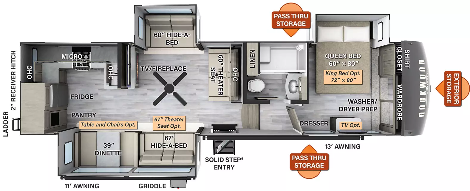 The 8291CL has three slides and one entry door. Exterior features include an 11 foot awning and 13 foot awning, pass through storage, exterior storage, griddle, rear ladder, and 2 inch receiver hitch. The interior layout from front to back: Queen bed off door side slideout, front wardrobe with washer/dryer prep, shirt closet, and dresser (optional TV and king bed); side aisle full bathroom; theater seat, overhead cabinet and paddle fan; off-door side slideout with hide-a-bed sofa; door side slideout with hide-a-bed sofa (theater seating optional) and dinette (table and chairs optional); entertainment center with TV and fireplace; rear kitchen with pantry, refrigerator, overhead cabinet, microwave, cooktop and sink.