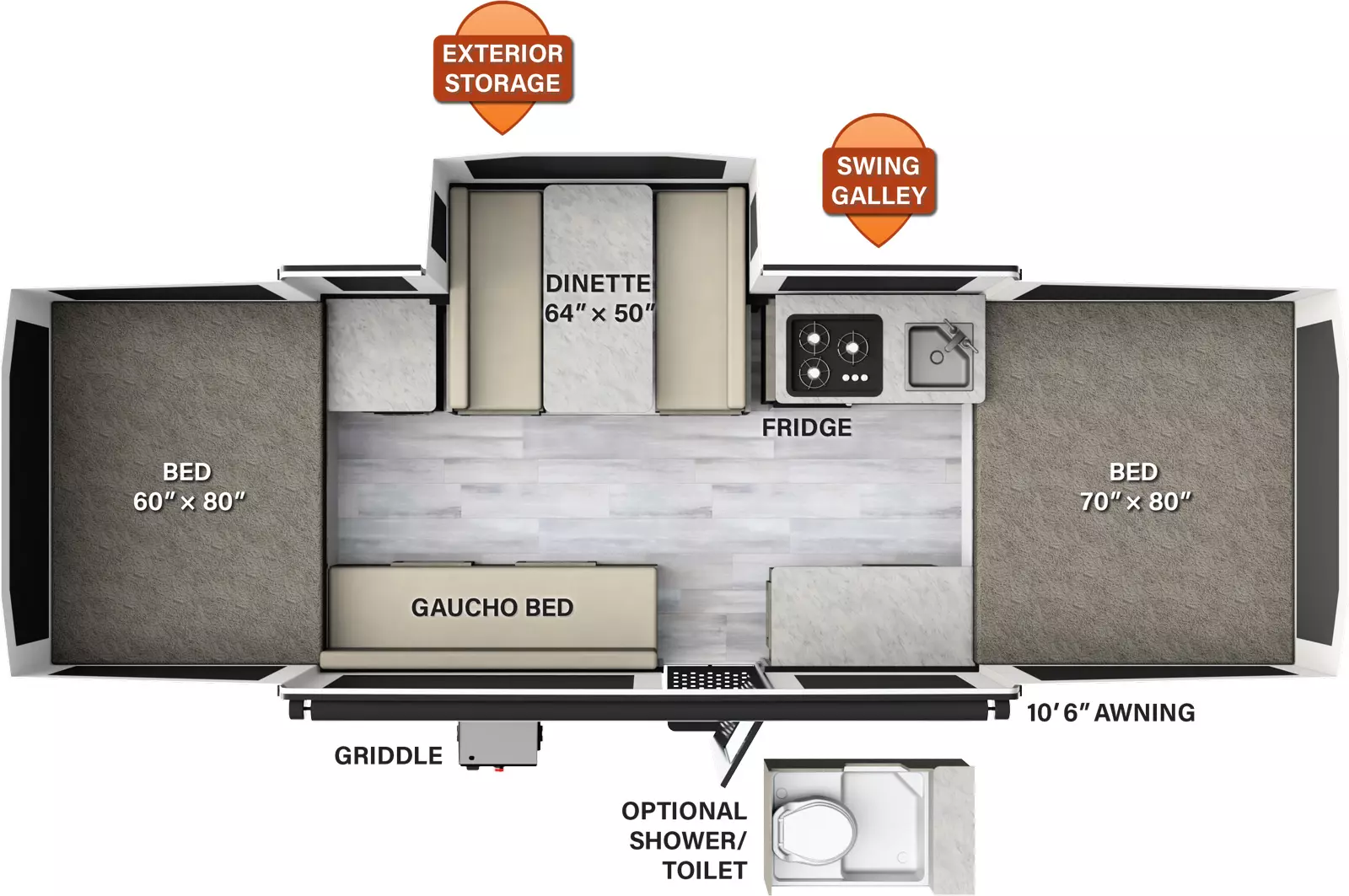 The 2318G has one slide out on the off-door side and one entry door. Exterior features include a 10 foot 6 inch awning, griddle, and exterior storage. Interior layout from front to back: front tent bed; off-door side swing galley with refrigerator, cooktop and sink, dinette slideout, and cabinet; door side cabinet and gaucho bed; rear tent bed. Optional shower/toilet available.
