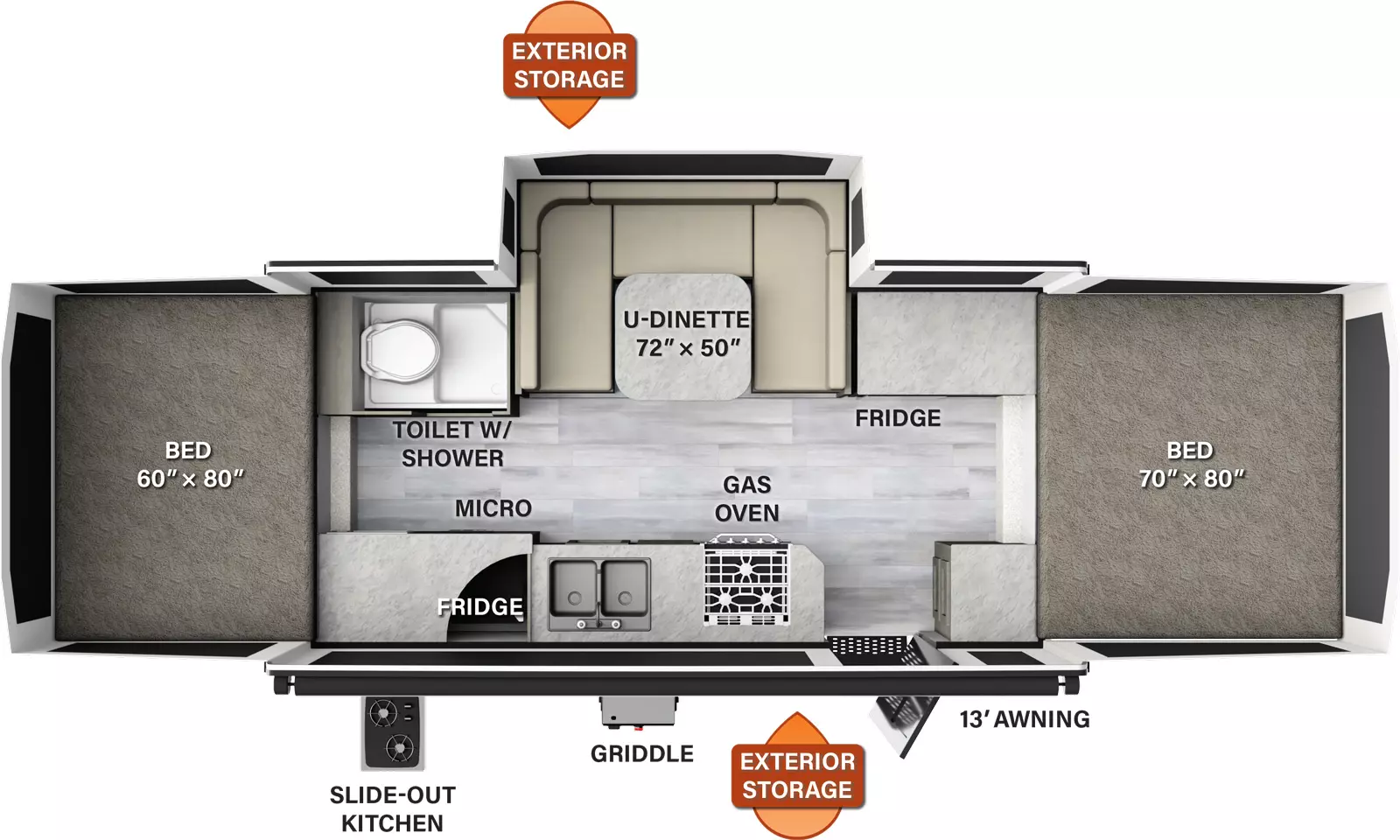 The HW277 has one slide out on the off-door side and one entry door. Exterior features include a 13 foot awning, griddle, slideout kitchen with refrigerator and exterior storage on both sides. Interior layout from front to back: front tent bed; off-door side cabinet with refrigerator, u-dinette slideout, and toilet w/shower; door side cabinet, entry, gas oven, sink, and cabinet with microwave; tent bed in the rear. 