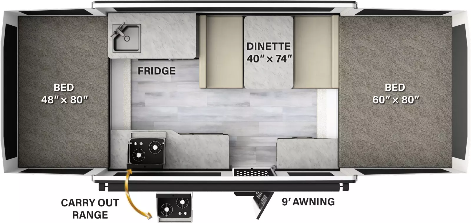 The 206LTD has no slide outs and one entry door. Exterior features include a 9 foot awning and a carry out range; Interior layout from front to back: tent bed; kitchen area with dinette, sink, refrigerator, two cabinets, and a door top stove; rear tent bed.