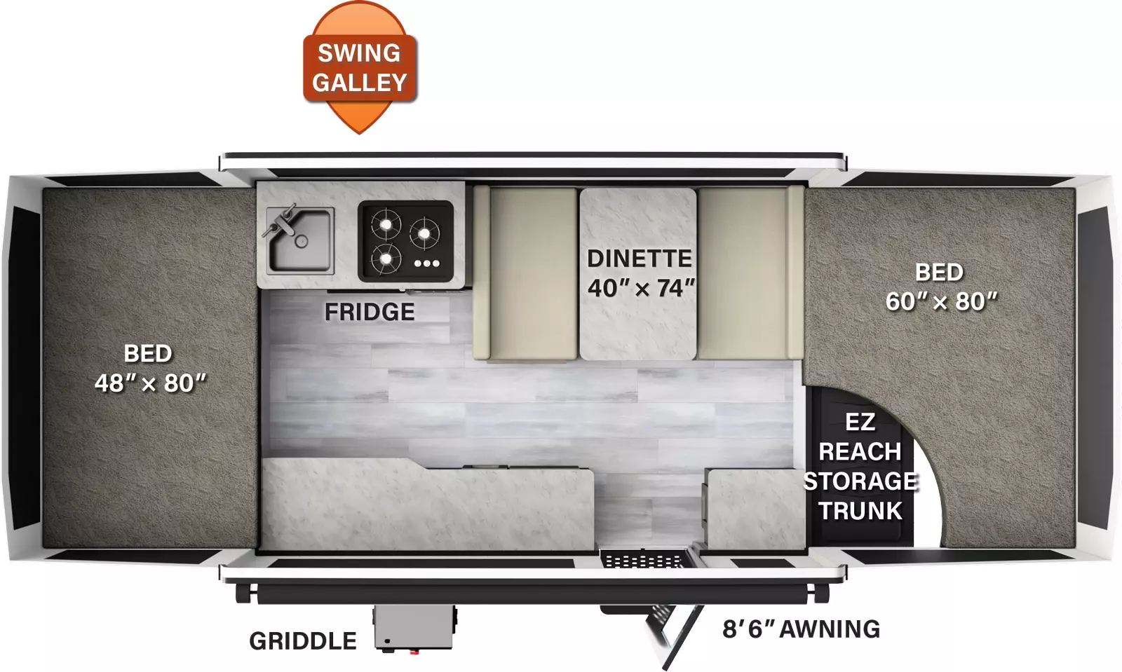 The 206M has no slide outs and one entry door. Exterior features include an 8 foot 6 inch awning, EZ reach storage trunk, and a griddle; Interior layout from front to back: tent bed; kitchen area with off-door side dinette and swing galley with refrigerator, cooktop and sink, and two door side cabinets; rear tent bed.