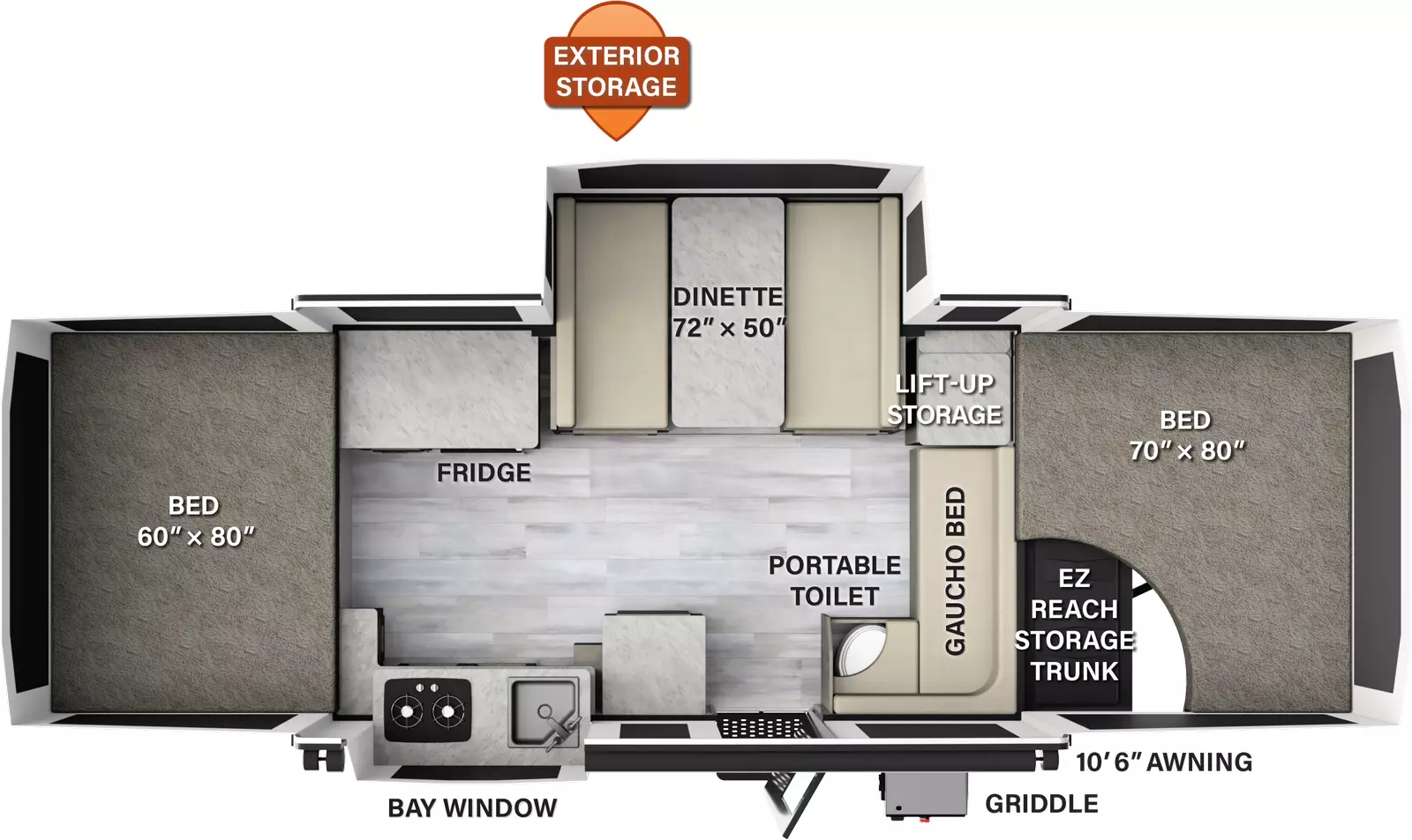 The 425M has one slide out on the off-door side and one entry door. Exterior features include a 10 foot 6 inch awning, griddle, bay window, EZ reach storage trunk, and exterior storage. Interior layout from front to back: front tent bed; seating area with gaucho bed, lift-up storage, and a portable toilet; off-door side dinette slideout and cabinet with refrigerator; door side with cabinet, sink and cooktop facing bay window; rear tent bed. 