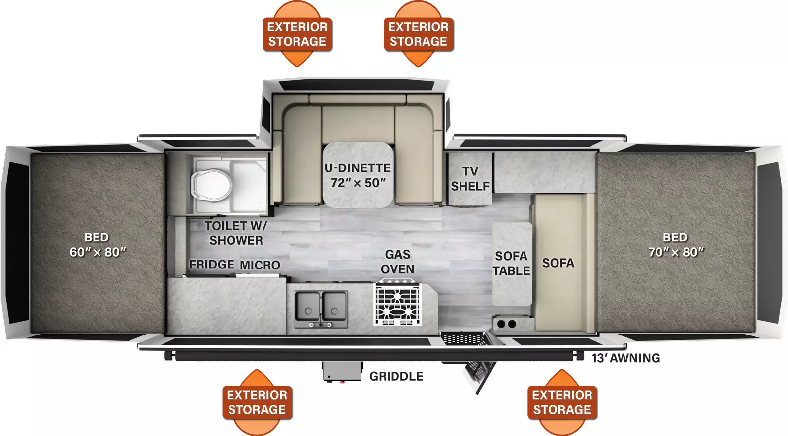 The HW29SC has one slide out on the off-door side and one entry door. Exterior features include a 13 foot awning, griddle, and exterior storage on both sides. Interior layout from front to back: front tent bed; sofa, sofa table, cabinet, and TV shelf; off-door side u-dinette slideout and toilet with shower; door side gas oven, sink and cabinet with microwave and refrigerator; rear tent bed. 
