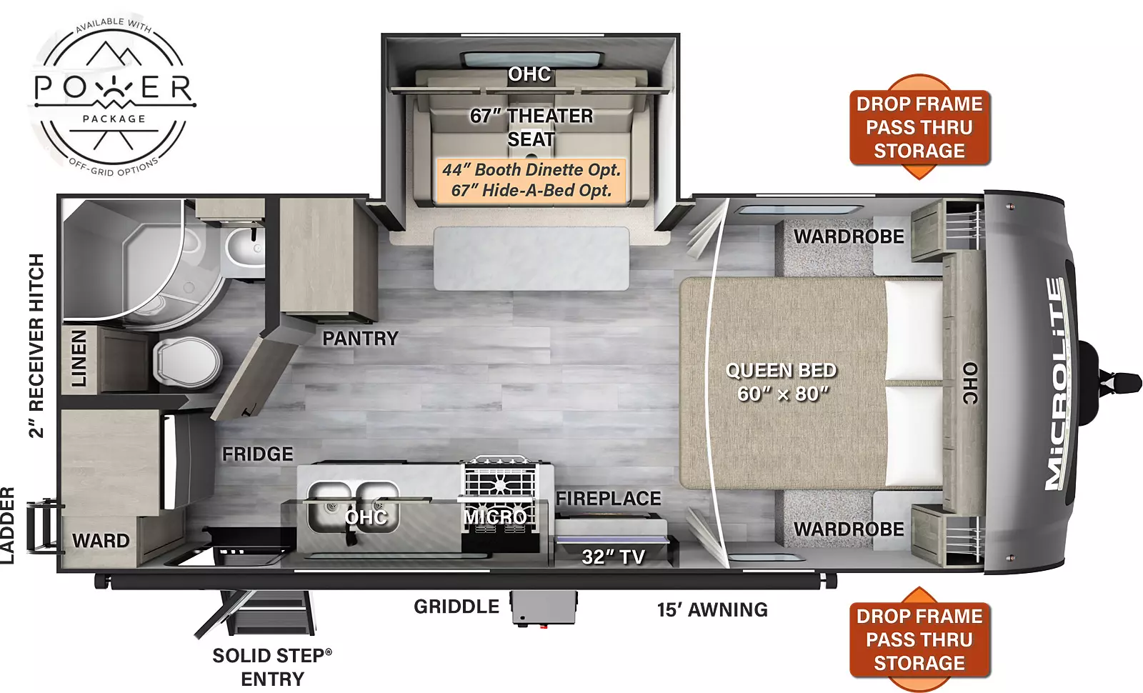 The 22FBS has one slide out on the off-door side, along with one entry door. Exterior features include a 15 foot awning, drop frame front pass thru storage, griddle, rear ladder, and 2 inch receiver hitch. Interior layout from front to back: front bedroom with 60 x 80 inch queen bed, overhead cabinets, and wardrobes on either side; off-door side slide out containing theater seating with table and overhead cabinets (booth dinette and hide-a-bed sofa optional); kitchen living area with TV with fireplace below, countertops, overhead cabinets, pantry, microwave, double sinks, and a stove; refrigerator, wardrobe, and bathroom in the rear. 