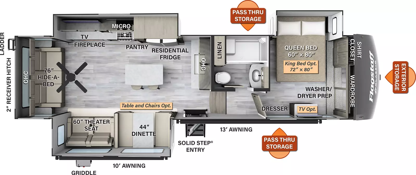 The 529IKRL has three slide outs and one entry door. Exterior features include a 13 foot awning and 10 foot awning, exterior storage, griddle, rear ladder, 2 inch receiver hitch, and pass thru storage. Interior layout from front to back: front bedroom with an off-door side queen bed slide out, front wardrobe, shirt closet, washer/dryer prep, and dresser (optional TV and king bed available); side aisle bathroom; kitchen living area with overhead cabinets, sink, and countertop with chairs; off-door side slide out containing residential refrigerator, pantry, microwave, cooktop, overhead storage, TV and fireplace; door side slideout with dinette (table and chairs optional) and theater seating; hide a bed sofa, overhead cabinet and paddle fan in the rear. 