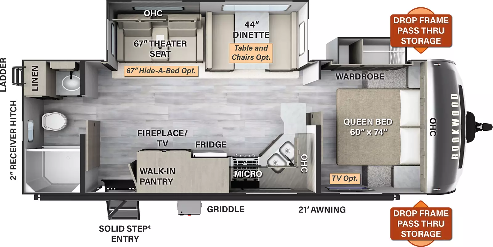 The 2606WS has two slide outs on the off-door side, along with one entry door. Exterior features include a 21 foot awning, griddle, drop frame pass thru storage, rear ladder, and 2 inch receiver hitch. Interior layout from front to back: front bedroom with a queen bed, overhead cabinets, and an off-door side wardrobe slide out (optional TV); off-door side slide out with a dinette (table and chairs optional) and theater seating (hide a bed optional); door side kitchen with double sinks, overhead cabinets, microwave, stove, refrigerator, and entertainment center with a fireplace and walk-in pantry behind; rear full size bathroom. 