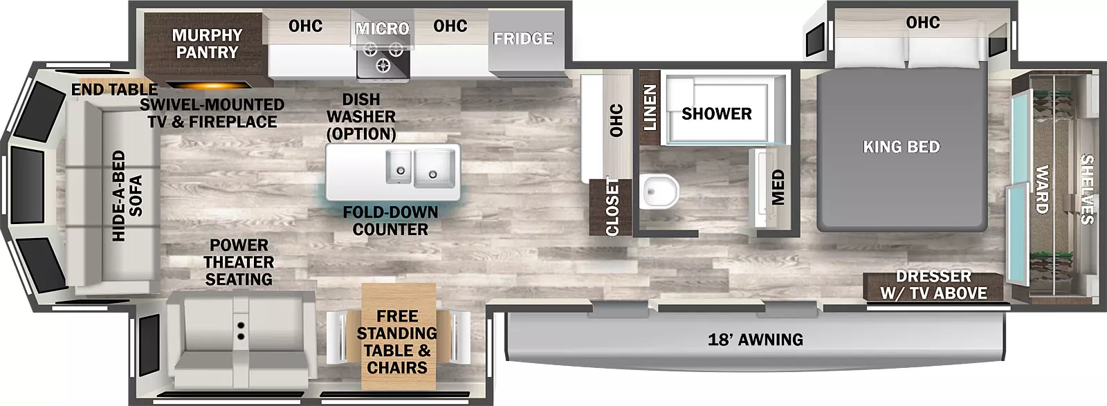 The 40CCK has three slideouts and two entries. Exterior features include an 18 foot awning. Interior layout front to back: front bedroom with wardrobe with shelves, off-door side king bed slideout with overhead cabinets, dresser with TV above, and step entry; off-door side full bathroom with medicine cabinet and linen closet; interior wall with closet, countertop and overhead cabinets; sliding glass door entry; off-door side slideout with refrigerator, microwave, stove, overhead cabinets, and murphy pantry behind swivel mounted TV and fireplace; kitchen island with sink and fold-down counter (dish washer optional); door side slideout with free-standing table and chairs and power theater seating; hide-a-bed sofa with end table in rear alcove with windows;      