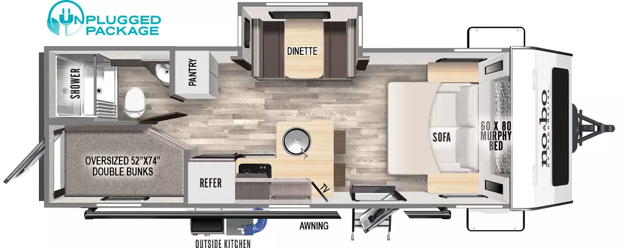 The 20.3 has one slide out and one entry door near the front. Exterior features include an awning, front storage and rear outside kitchen. Interior layout from front to back: 60 by 80 Murphy bed and sofa with wardrobes and end tables on each side; off-door side slide out dinette; door side entry and L-shaped kitchen countertop with TV, barstools, round basin sink, cook top stove, overhead cabinets, and refrigerator; off-door side pantry; rear off-door side bathroom; rear door side double bunks with rear storage door access.