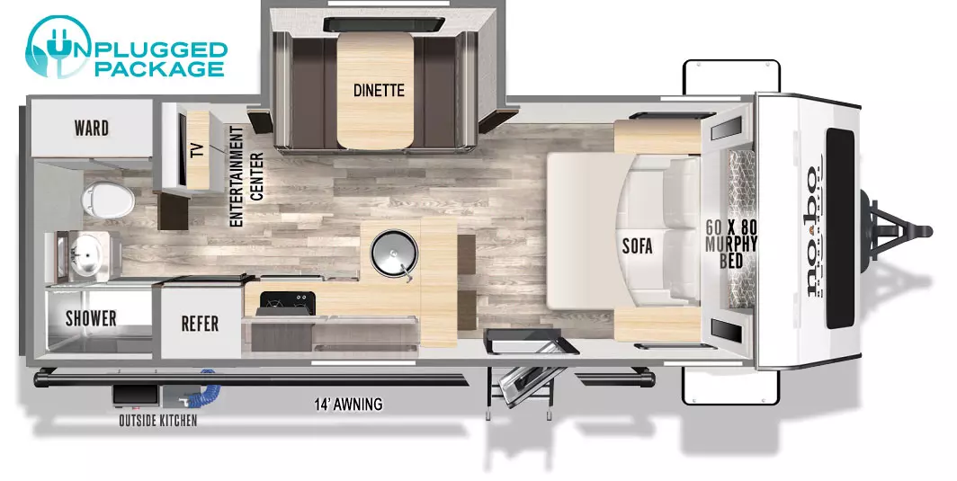 The 20.4 has one slide out and one entry door near the front. Exterior features include a 14 foot awning, front storage and rear outside kitchen. Interior layout from front to back: 60 by 80 Murphy bed and sofa with wardrobes and end tables on each side; off-door side slide out dinette; door side entry and L-shaped kitchen countertop with barstools, round basin sink, cook top stove, overhead cabinets, and refrigerator; off-door side entertainment center with TV; rear bathroom with wardrobe