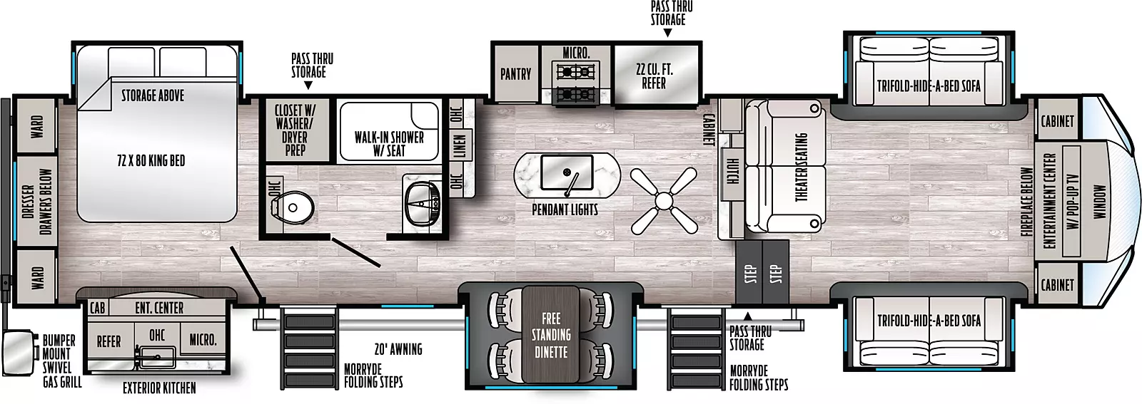 The 379FLOK has six slide outs, three on each side, with two entry doors. Exterior features include a 20 foot awning, pass through storage, MORryde folding steps, exterior kitchen, and rear bumper mount swivel gas grill. Interior layout front to back: front entertainment center with pop-up TV, fireplace below, cabinets on either side, and front window, opposing tri-fold hide-a-bed sofa slideouts, and theater seating; two steps down to first entry and kitchen; hutch and cabinet along interior wall, off-door side slideout with 22 cubic foot refrigerator, microwave, cooktop, oven and pantry, linen cabinet on interior wall, door side free standing dinette slideout, paddle fan, and kitchen island with sink and pendant lights; off-door side aisle bathroom with walk-in shower with seat, and closet with washer/dryer prep; second entry; rear bedroom with off-door side king bed slideout with storage above, door side entertainment center slideout, and rear wardrobe and dresser with drawers below.