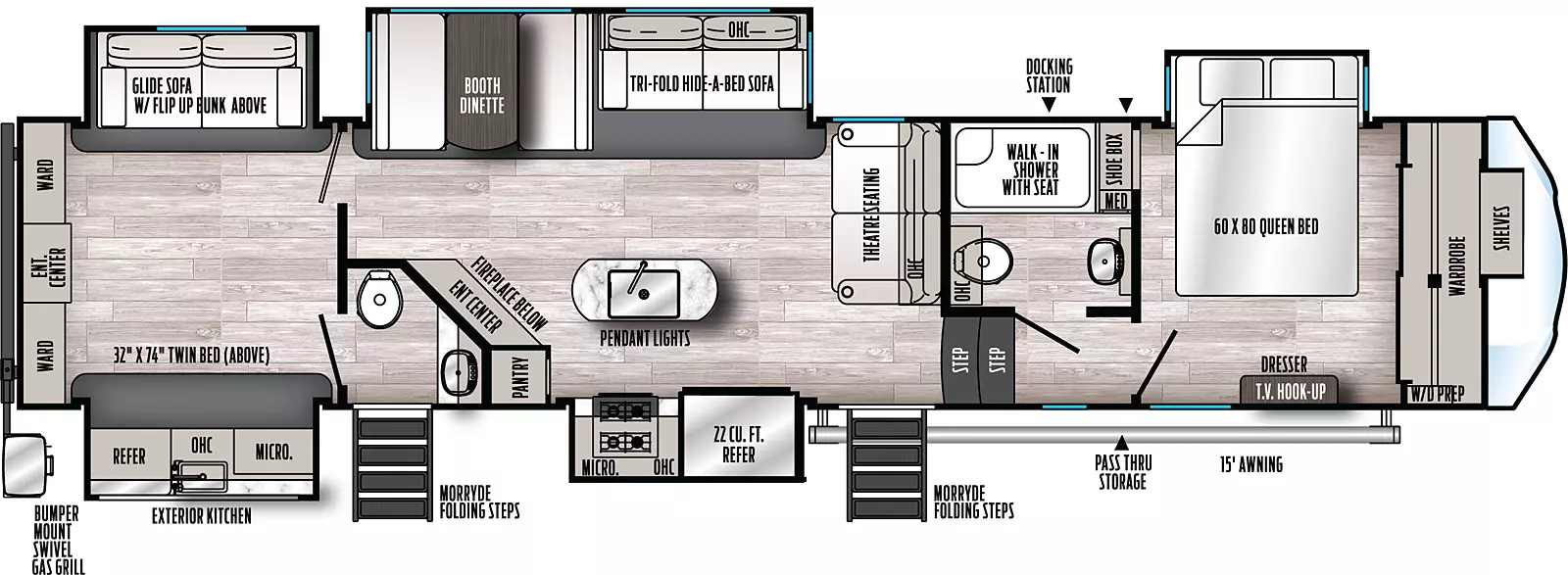 The 384QBOK has five slideouts and two entries. Exterior features include 15 foot awning, pass-through storage, docking station, MORryde folding steps, exterior kitchen, and rear bumper mount swivel gas grill. Interior layout front to back: wardrobe with shelves and washer/dryer prep, off-door side queen bed slideout, door side dresser with TV hookup, and shoe box storage; off-door side aisle bathroom with medicine cabinet and walk-in shower with seat; two steps down to first entry; theater seating and overhead cabinet along inner wall; off-door side slideout with tri-fold hide-a-bed sofa, overhead cabinets and booth dinette; door side slideout with 22 cubic foot refrigerator, microwave, overhead cabinets and cooktop oven; kitchen island with sink and pendant lights; door side pantry and angled entertainment center with fireplace below; rear bunk room with off-door side slideout with glide sofa with flip-up bunk above, rear entertainment center with wardrobes on each side, door side slideout with twin bed above outside kitchen, and door side half bathroom with second entry.
