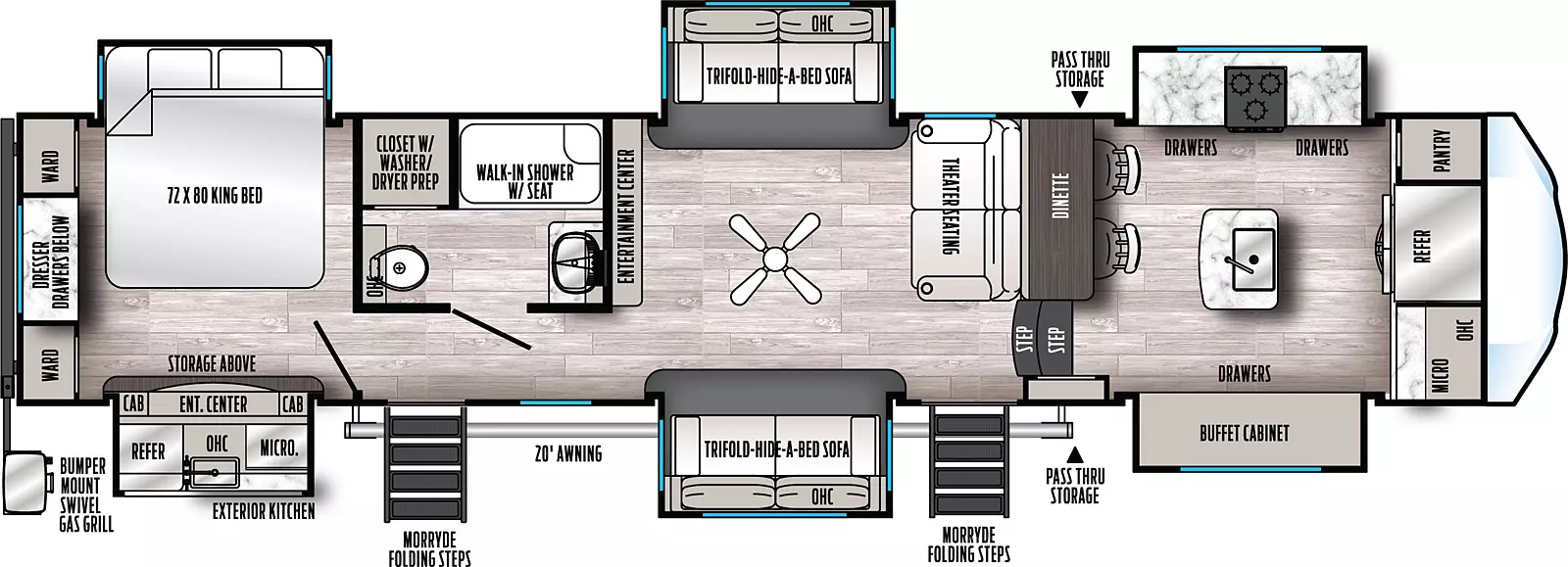 The 38FKOK has six slide outs and two entries. Exterior features include 20 foot awning, pass through storage, MORryde folding steps, exterior kitchen, and rear bumper mount swivel gas grill. Interior layout front to back: front pantry, refrigerator, microwave and overhead cabinets; off-door side slideout with countertop, drawers, cooktop and oven; kitchen island with sink; door side slideout with buffet cabinet and drawers, dinette table with two chairs along half wall; two steps down to first entry; theater seating along half wall; opposing tri-fold hide-a-bed sofa slideouts; paddle fan; entertainment center opposite theater seating; off-door side aisle bathroom with walk-in shower with seat, and closet with washer/dryer prep; second entry; rear bedroom with off-door side king bed slideout, door side slideout with entertainment center, storage above, and cabinets on either side, and rear dresser with drawers below and wardrobes on either side.