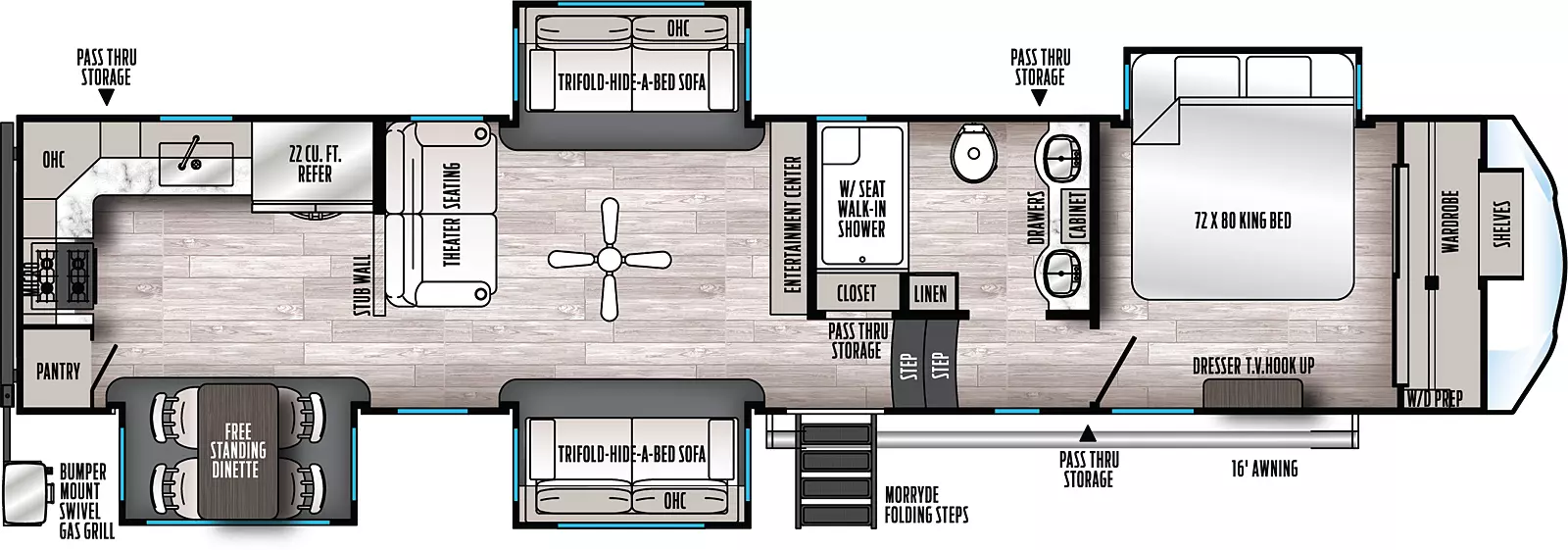 The 39BARK has four slide outs, two on each side. Exterior features include 16 foot awning, pass through storage, MORryde folding steps, and rear bumper mount swivel gas grill. Interior layout front to back: front bedroom wardrobe with shelves and washer/dryer prep, off-door side king bed slideout, and door side dresser with TV hookup; off-door side aisle full bathroom with dual sinks, cabinet and drawers, linen closet, and walk-in shower with seat; two steps down to entry, and closet; mid living area with entertainment center, paddle fan, opposing tri-fold hide-a-bed sofa slideouts with overhead cabinets, and theater seating; rear kitchen with door side free-standing dinette slideout, off-door side 22 cubic foot refrigerator, overhead cabinets, sink, and rear stovetop with oven, and pantry.