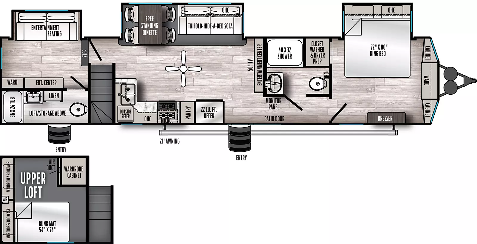 The 400BH has three slide outs and two entries. Exterior features include 21 foot awning. Interior layout front to back: front bedroom with front wardrobe and cabinets on either side, off-door side king bed slideout with overhead cabinets, closet with washer/dryer prep, and door side dresser; off-door side aisle bathroom; patio door entry; entertainment center on interior wall; off-door side slideout with tri-fold hide-a-bed sofa, overhead cabinets and free-standing dinette; paddle fan; door side 22 cubic foot refrigerator, pantry, cooktop, oven, microwave, overhead cabinets, and sink; stairs to loft area above rear featuring bunk mat, wardrobe/bookcase, and wardrobe cabinet; rear off-door side entertainment seating slideout with entertainment center and wardrobe opposite, and rear door side full bathroom with second entry.
