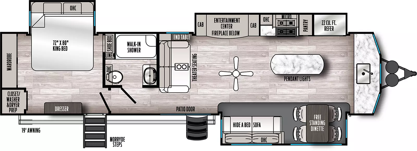 The 402FK has three slides and two entries. Exterior features a 19 foot awning and MORryde steps. Interior layout front to back: front kitchen counter with sink; paddle fan and kitchen island with pendant lights; off-door side slideout with 22 cubic foot refrigerator, pantry, microwave, cooktop, oven, overhead cabinets, and entertainment center with fireplace below and cabinets on either side; door side slideout with free-standing dinette and hide-a-bed sofa with overhead cabinets; theater seating with end table and overhead cabinets on interior wall; patio door entry; off-door side aisle full bathroom with walk-in shower and linen cabinet; rear bedroom with second entry, door side dresser, off-door side king bed slideout with overhead cabinets, shoe box storage, and rear wardrobe and closet with washer/dryer prep.
