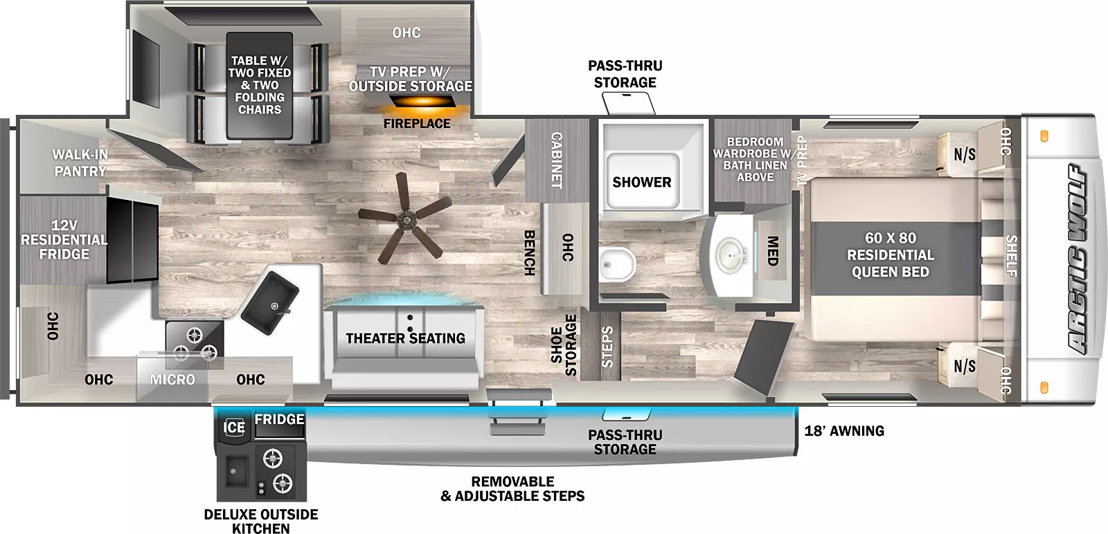 The 261RK has one slide out on the road side and one entry door on the camp side in the middle. A 18 foot awning covers the entry door and deluxe outside kitchen. There is a pass through storage in the middle of the fifth wheel. The layout from the front to the back: a front bedroom with foot facing queen bed and wardrobe with bath linen above; road side aisle bathroom and two steps down on the camp side to the living area; bench seating and cabinet near the entry; a road side slide out containing dinette table with two fixed and two folding chairs and an entertainment center with TV prep and fireplace below; home theater seating directly across from the entertainment center with ceiling fan above; rear kitchen countertop with 12V residential refrigerator and walk-in pantry.