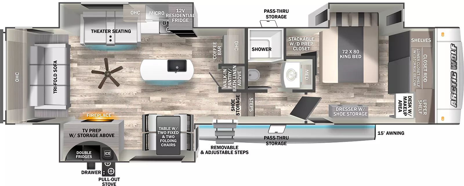 3550 SUITE has three slideouts, two on the off-door side and one on the door side. A 15 foot awning on the door side covers the removable and adjustable step and pass through storage. Exterior also features an outside kitchen. Layout from front to back: front bedroom with off-door side king bed slide out, front closet and desk with makeup area, closet with stackable washer and dryer prep, and dresser with shoe storage; off-door side aisle bathroom; walk-in pantry and coffee bar on inner wall; kitchen island and paddle fan; off-door side slide out with theater seating, cooktop stove and 12V residential refrigerator; door side slide out with TV prep, fireplace, and table with two fixed and two folding chairs; rear tri-fold sofa