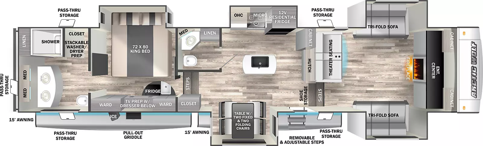 3910SUITE has five slideout with three on the off-door side and two on the door side. Exterior features two 15 foot awnings, two pass through storage areas, pill-out griddle, ice maker, and removeable and adjustable entry steps. Interior layout from front to back: front entertainment center with fireplace below and overhead cabinets; opposing tri-fold sofa slideouts; theater seating along inner wall; two steps down to first entry door; hutch and cabinet along inner wall; off-door side slideout with 12 volt residential refrigerator, microwave, cooktop and overhead cabinets; kitchen island with sink; door side slideout with table with two fixed and two folding chairs; off-door side half bathroom; closet and two steps up to rear bedroom area; off-door side king bed slideout, and door side TV prep with dresser below and wardrobes on either side; rear full bathroom with dual sinks, medicine cabinets and closet with stackable washer and dryer prep.